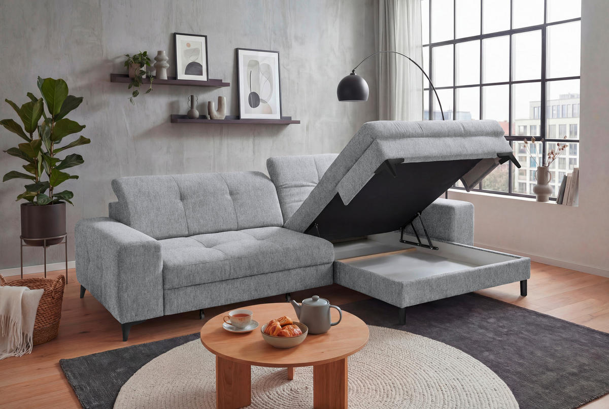 ECKSOFA SORELLA Hellgrau Mikrovelours Kopfteilverstellung, Sitztiefenverstellung  - Hellgrau/Schwarz, Design, Kunststoff/Textil (328/182cm) - MID.YOU