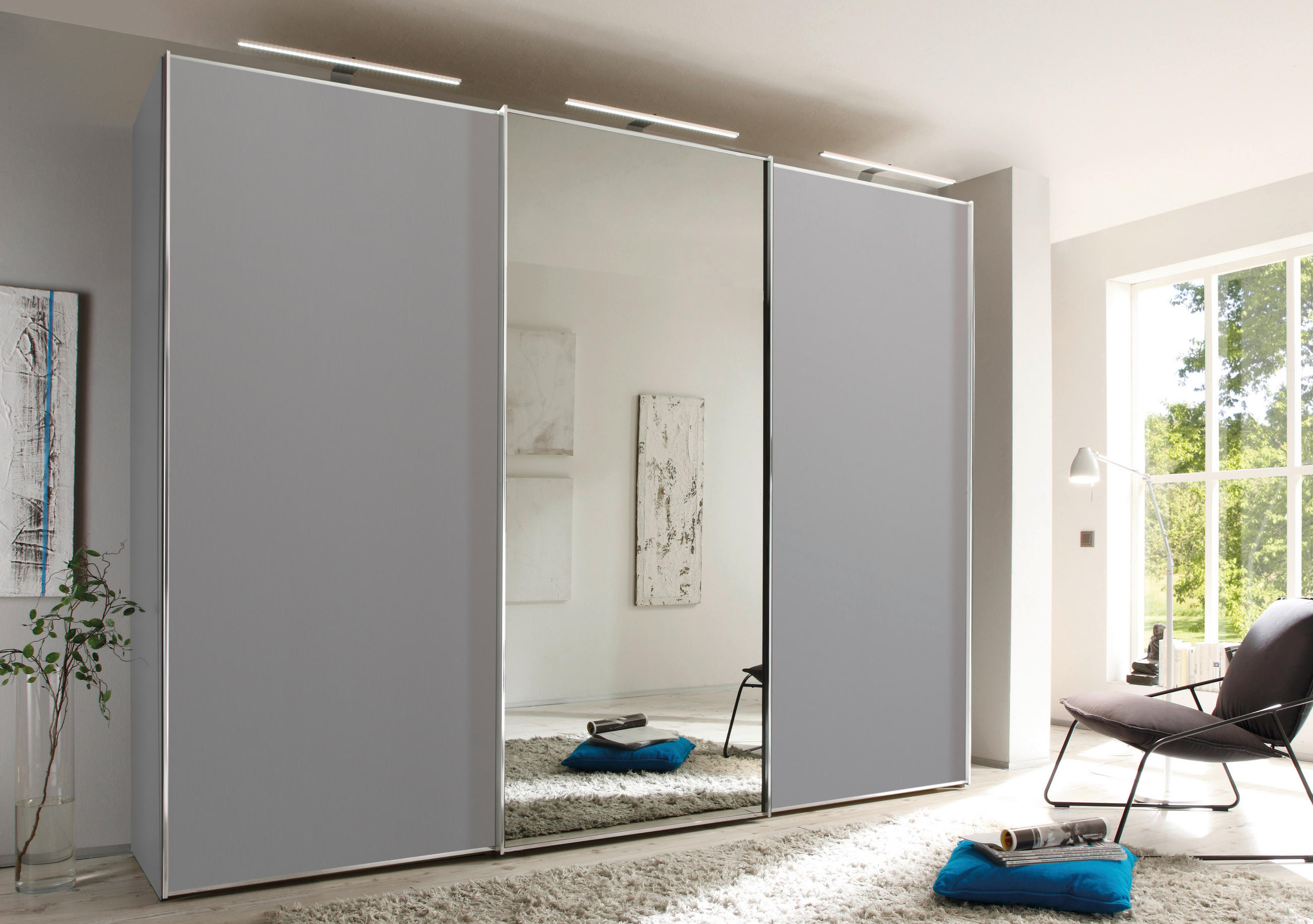 SCHWEBETÜRENSCHRANK 280/222/68 cm 3-türig Hellgrau  - Hellgrau/Alufarben, Design, Glas/Holzwerkstoff (280/222/68cm) - Moderano