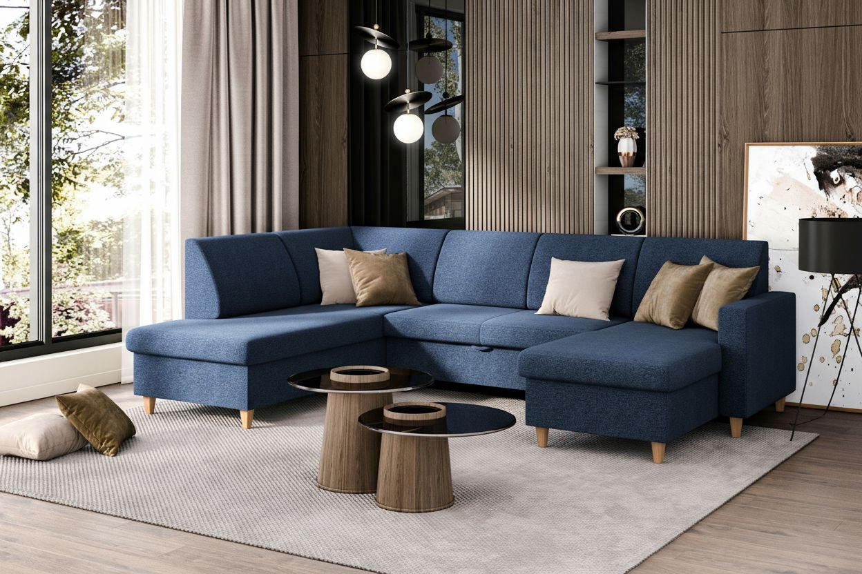 WOHNLANDSCHAFT NIKAS Blau Bouclé  - Blau/Buchefarben, Design, Holz/Textil (310/198/145cm) - MID.YOU