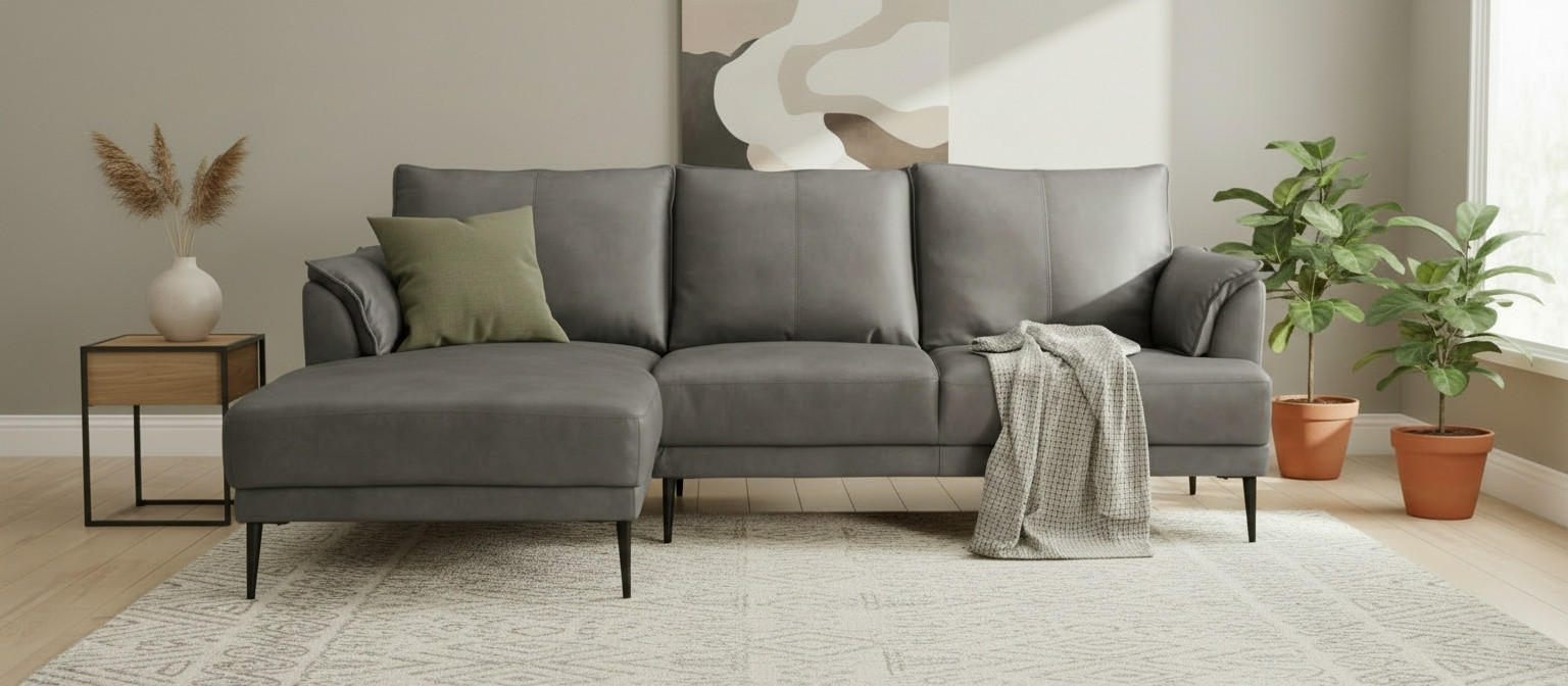 Colțar, piele, gri - negru/gri, Design, metal/textil (153/233cm) - Livetastic