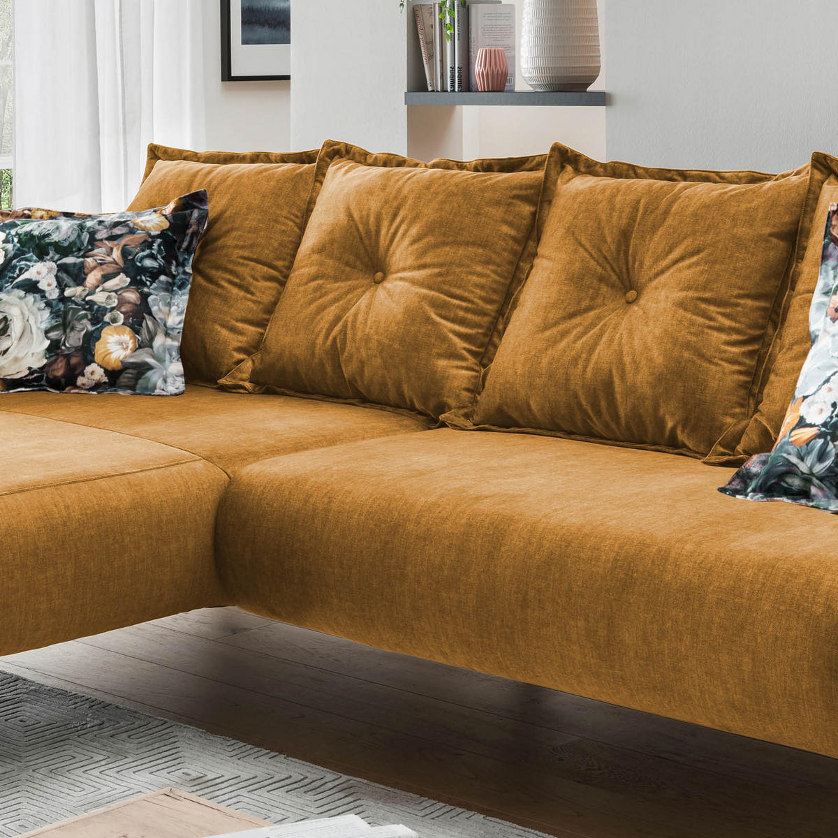 ECKSOFA Gelb, Multicolor Velours  - Gelb/Buchefarben, MODERN, Holz/Textil (277/162cm) - Livetastic