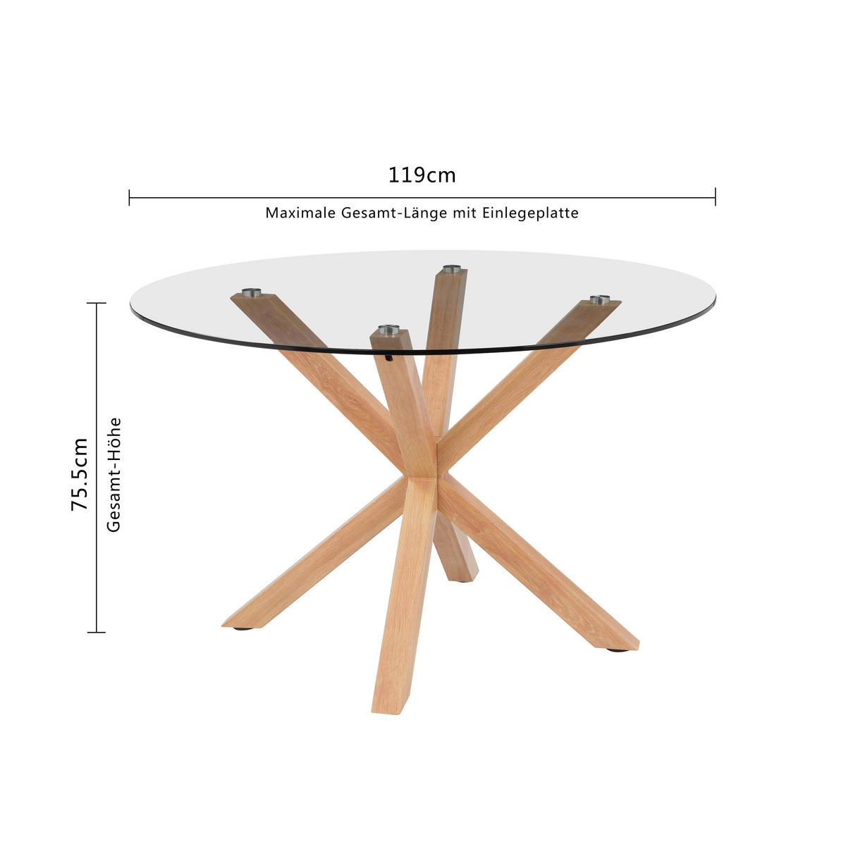 ESSTISCH  Metall, Glas rund Klar, Eichefarben  - Klar/Eichefarben, MODERN, Glas/Metall (119/75,5cm) - P & B
