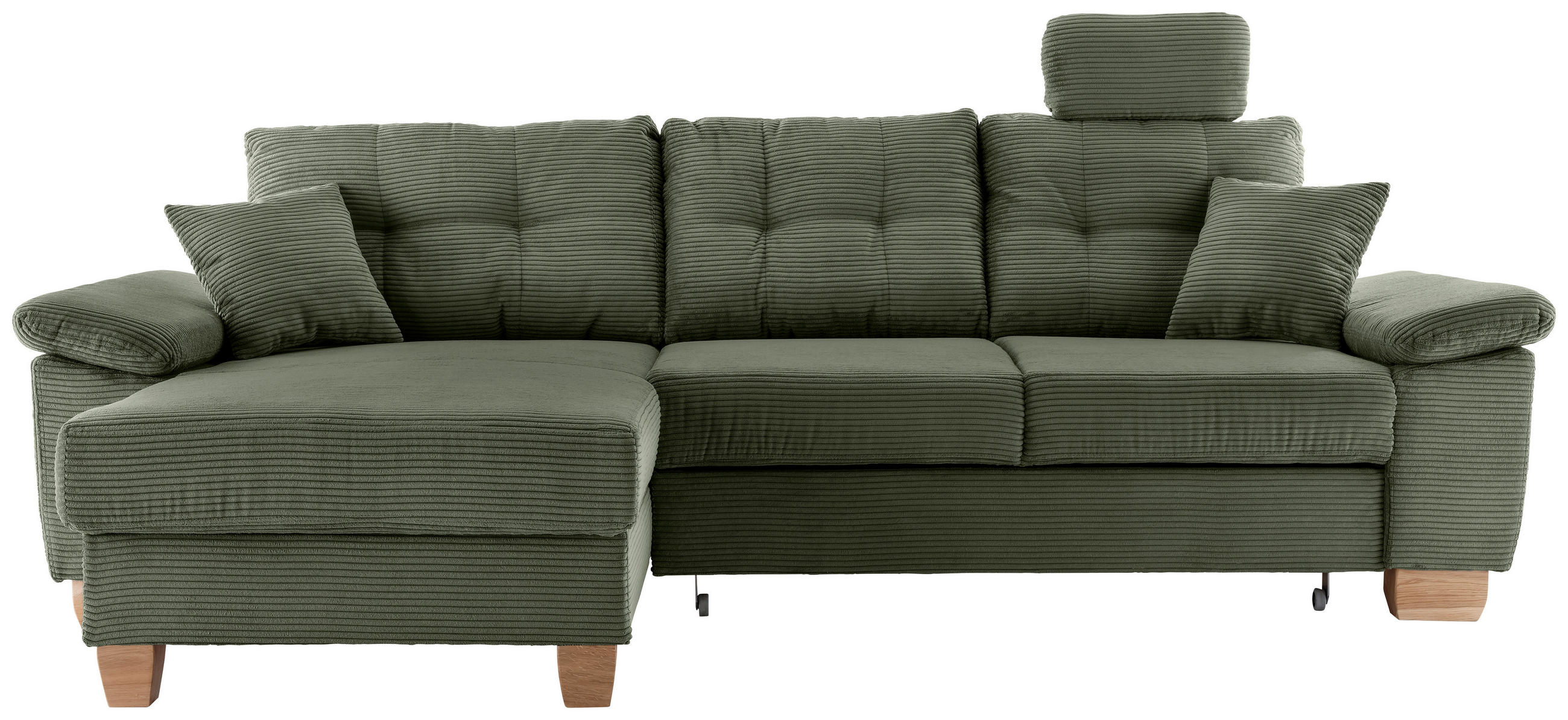 ECKSOFA Dunkelgrün Cord Bettkasten, Schlaffunktion, Sitztiefenverstellung, Kopfstütze, Liegefläche im Originalstoff  - Dunkelgrün/Naturfarben, MODERN, Holz/Textil (176/270cm) - Livetastic
