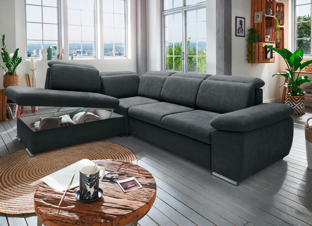 ECKSOFA in Mikrofaser Anthrazit  - Chromfarben/Anthrazit, Design, Textil/Metall (228/283cm) - Livetastic