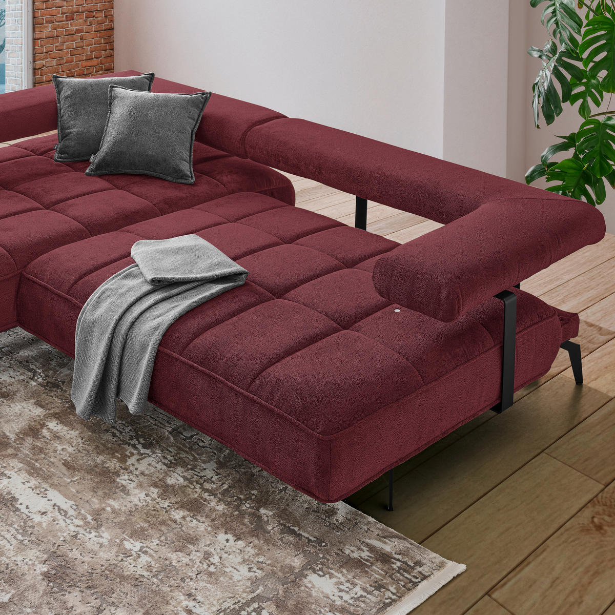 ECKSOFA in Webstoff Bordeaux  - Bordeaux/Schwarz, Design, Textil/Metall (180/266cm) - Welnova