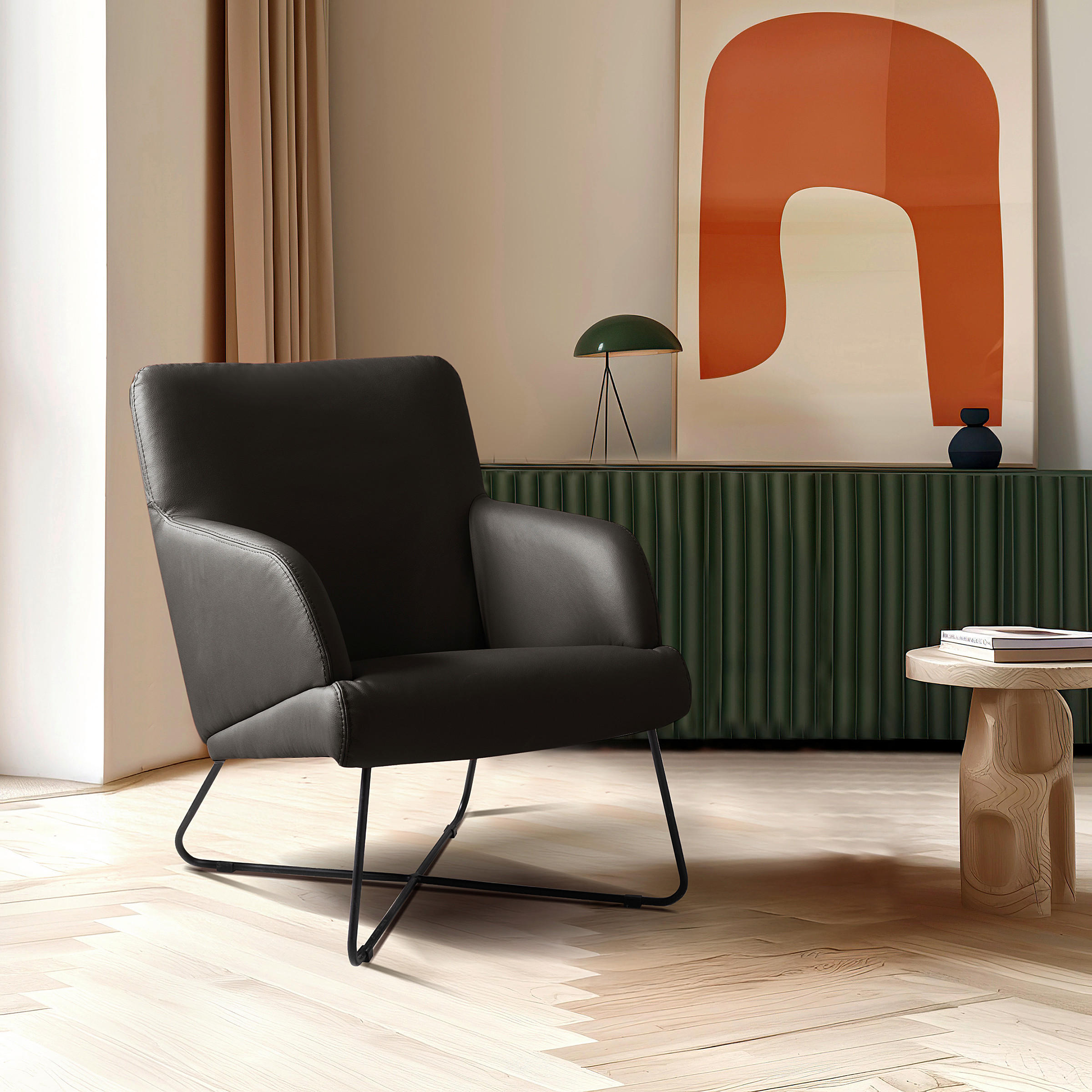 SESSEL Echtleder Dunkelbraun  - Dunkelbraun/Schwarz, Design, Leder/Metall (67/87/74cm) - Livetastic