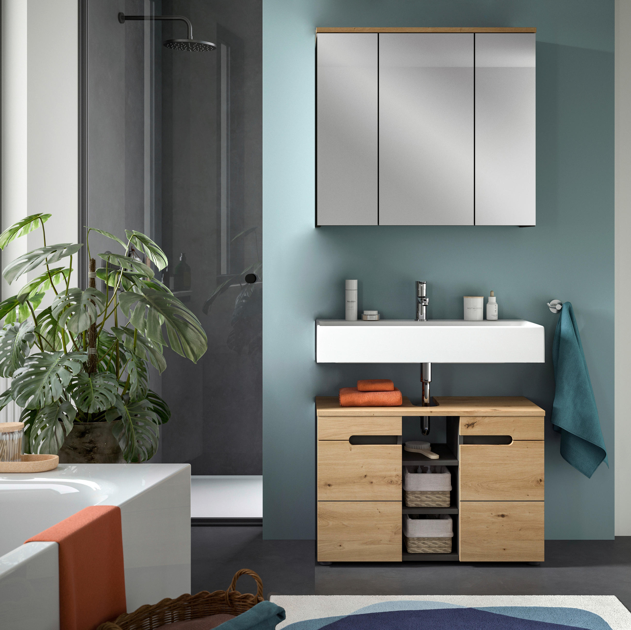 BADEZIMMER 2-teilig  in 80 cm  - Schwarz/Eiche Artisan, MODERN, Glas/Holzwerkstoff (80cm) - MID.YOU