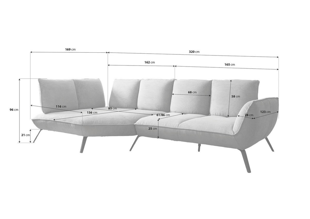 ECKSOFA Kupferfarben Flachgewebe Nierenkissen, Rücken echt, Sitztiefenverstellung  - Schwarz/Kupferfarben, Design, Textil/Metall (169/320cm) - Moderano