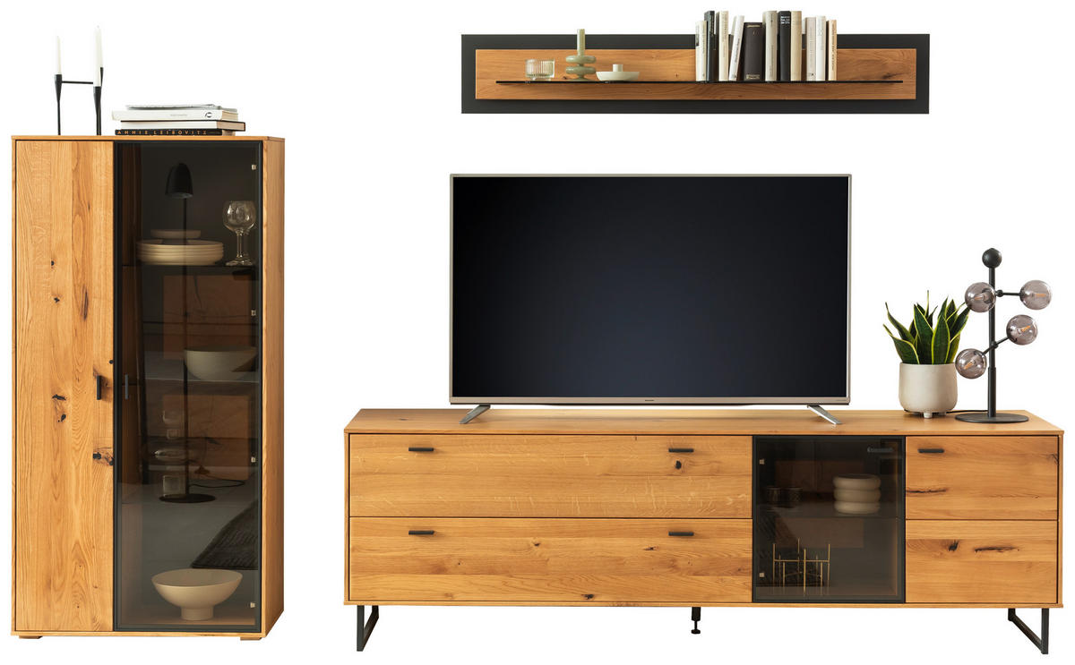 WOHNWAND  in Wildeiche 306/188/50 cm  - Wildeiche/Schwarz, Design, Glas/Holz (306/188/50cm) - MID.YOU