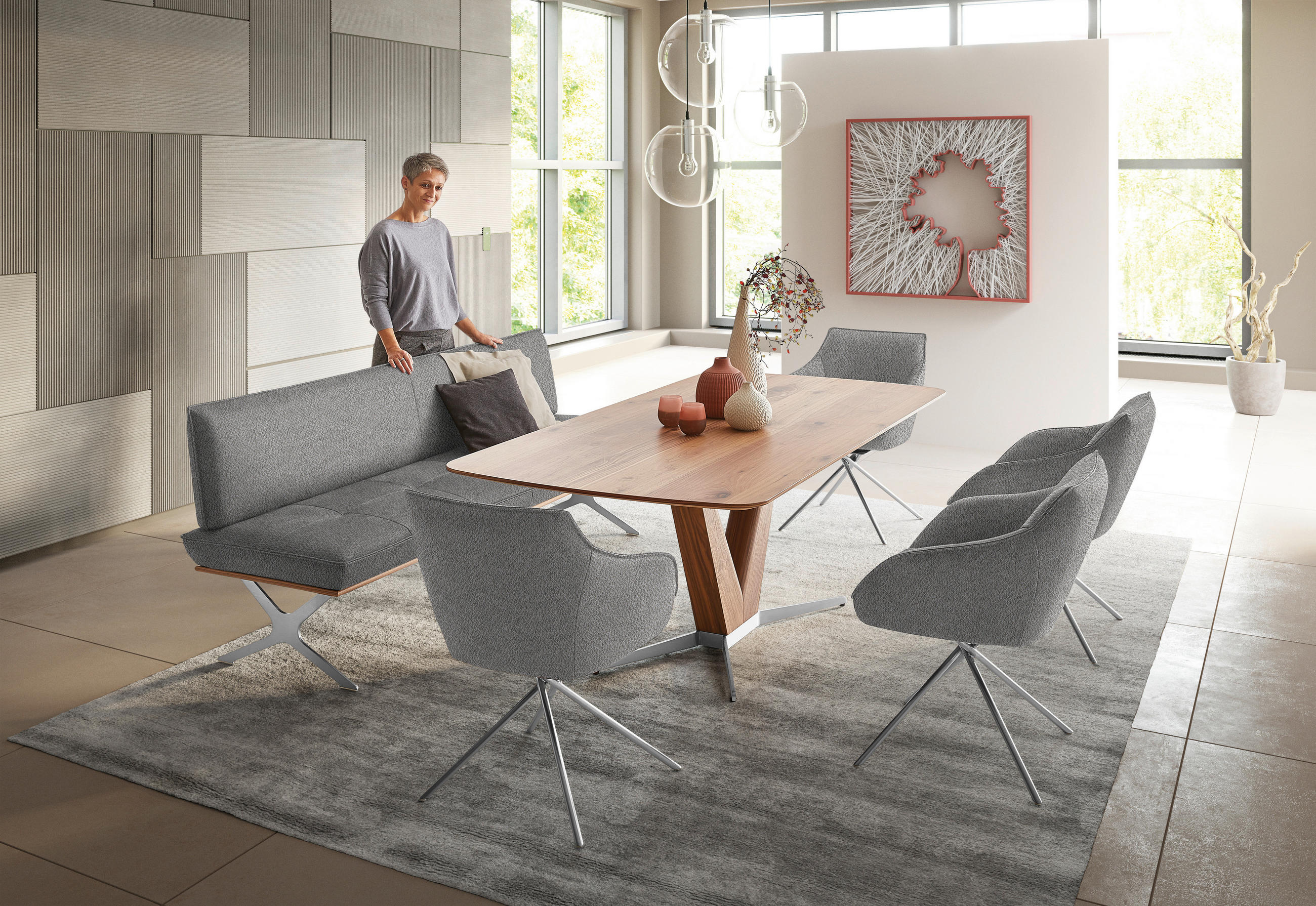 SITZBANK 214/88/66 cm  in Nussbaumfarben, Nickelfarben, Ecru  - Ecru/Edelstahlfarben, Design, Holz/Textil (214/88/66cm) - Koinor