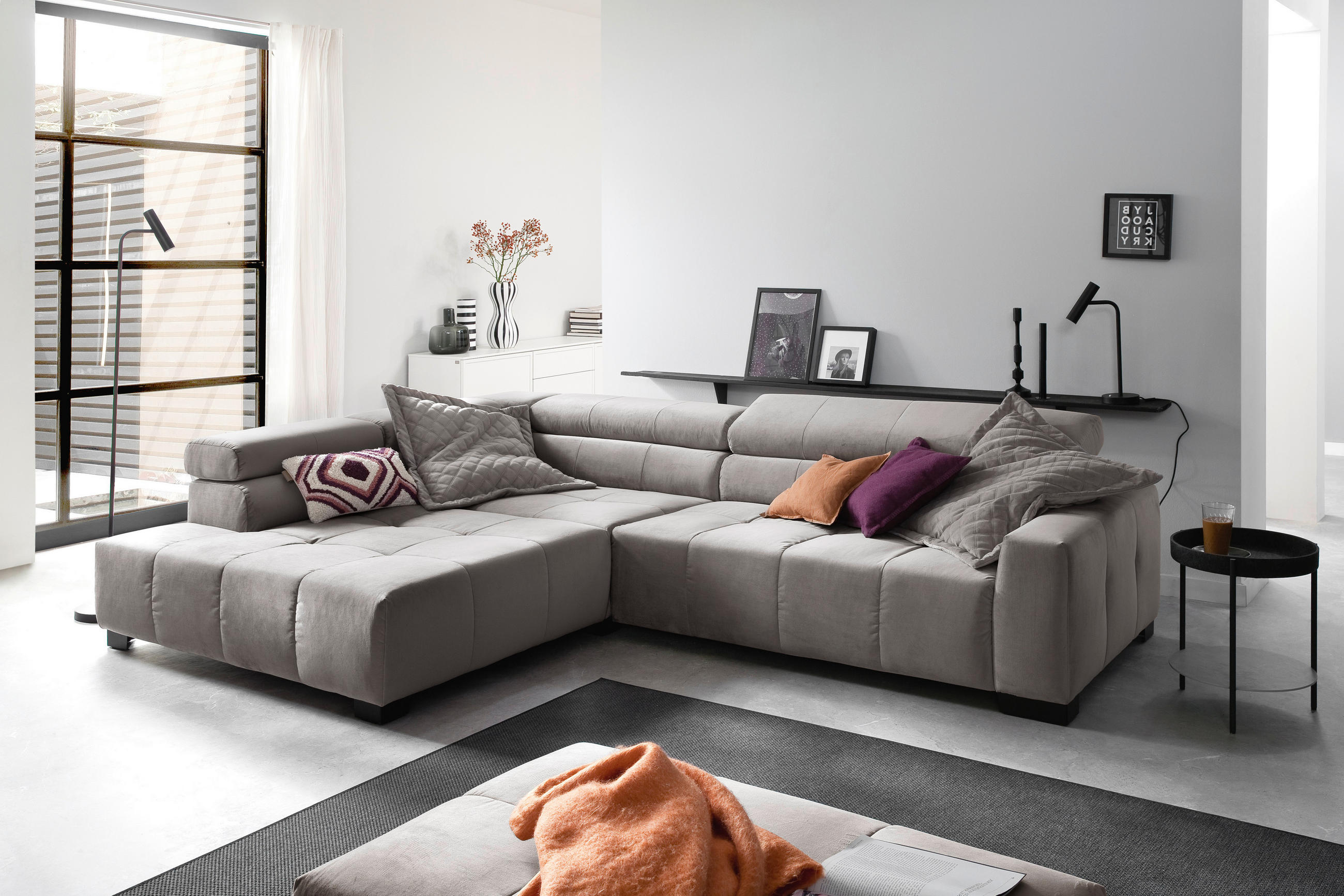 ECKSOFA Silberfarben Velours  - Silberfarben/Schwarz, KONVENTIONELL, Textil/Metall (219/311cm) - Hom`in