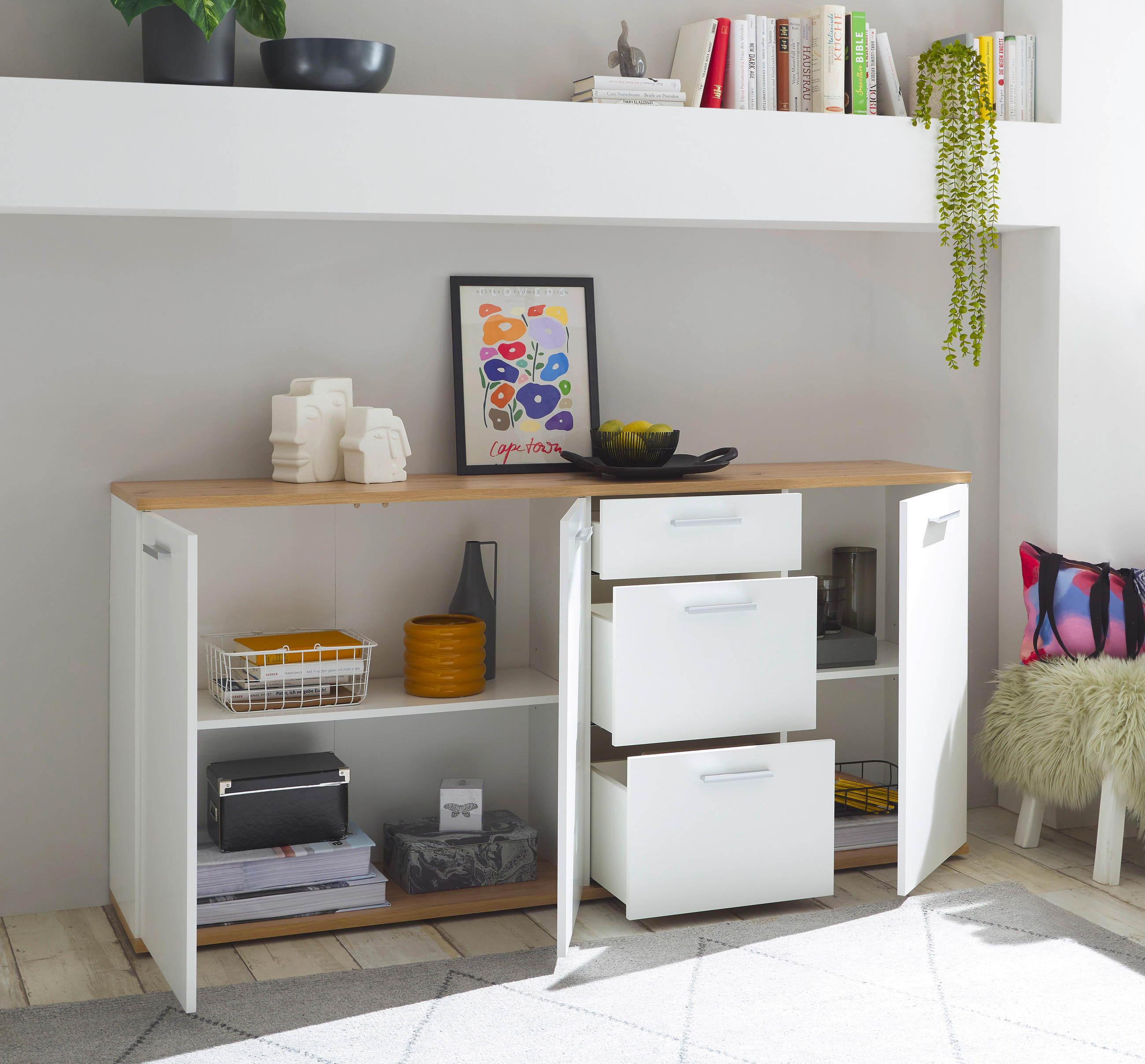 COMODĂ CU UȘI 180/86/38 cm  - argintiu/alb, Design, plastic/material pe bază de lemn (180/86/38cm) - MID.YOU