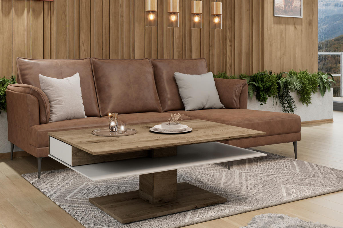 COUCHTISCH in Holz, Glas 120/75/46 cm  - Weiss/Eichefarben, Design, Glas/Holz (120/75/46cm) - Voglauer