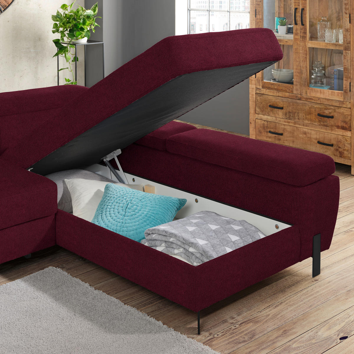 HÖRNSOFFA i vävt tyg bordeaux  - bordeaux/svart, Modern, metall/trämaterial (277/90/189cm) - MID.YOU