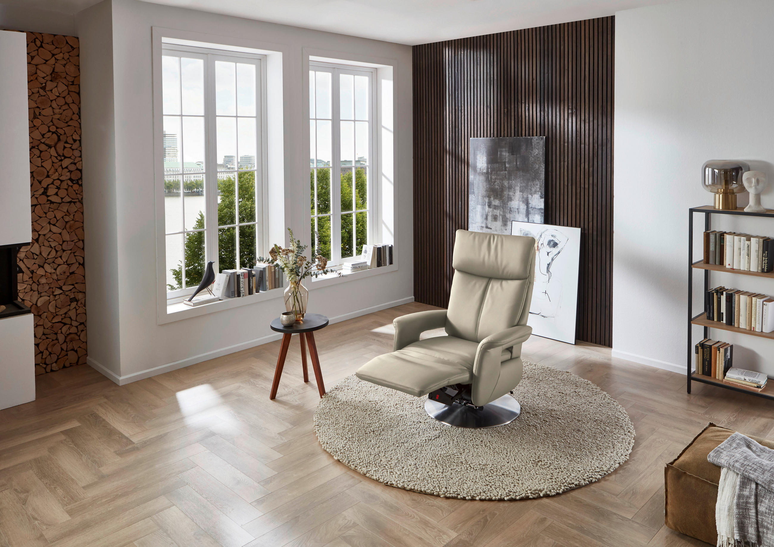 RELAXSESSEL in Leder Creme  - Edelstahlfarben/Creme, Design, Leder/Metall (78/112/85cm) - Cantus