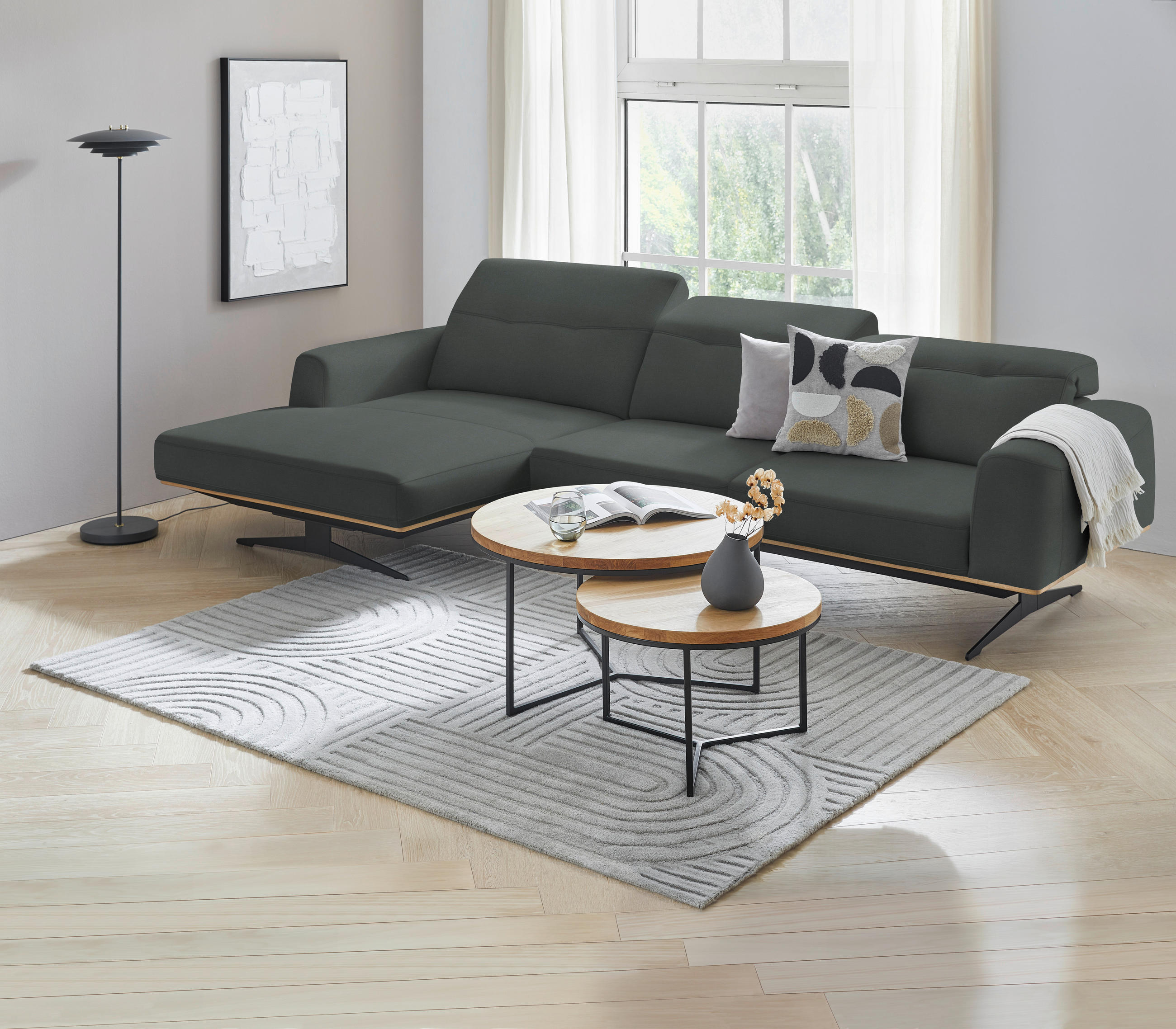 ECKSOFA in Echtleder Grau  163/305 cm  - Eichefarben/Schwarz, Design, Leder/Holz (163/305cm) - Novel