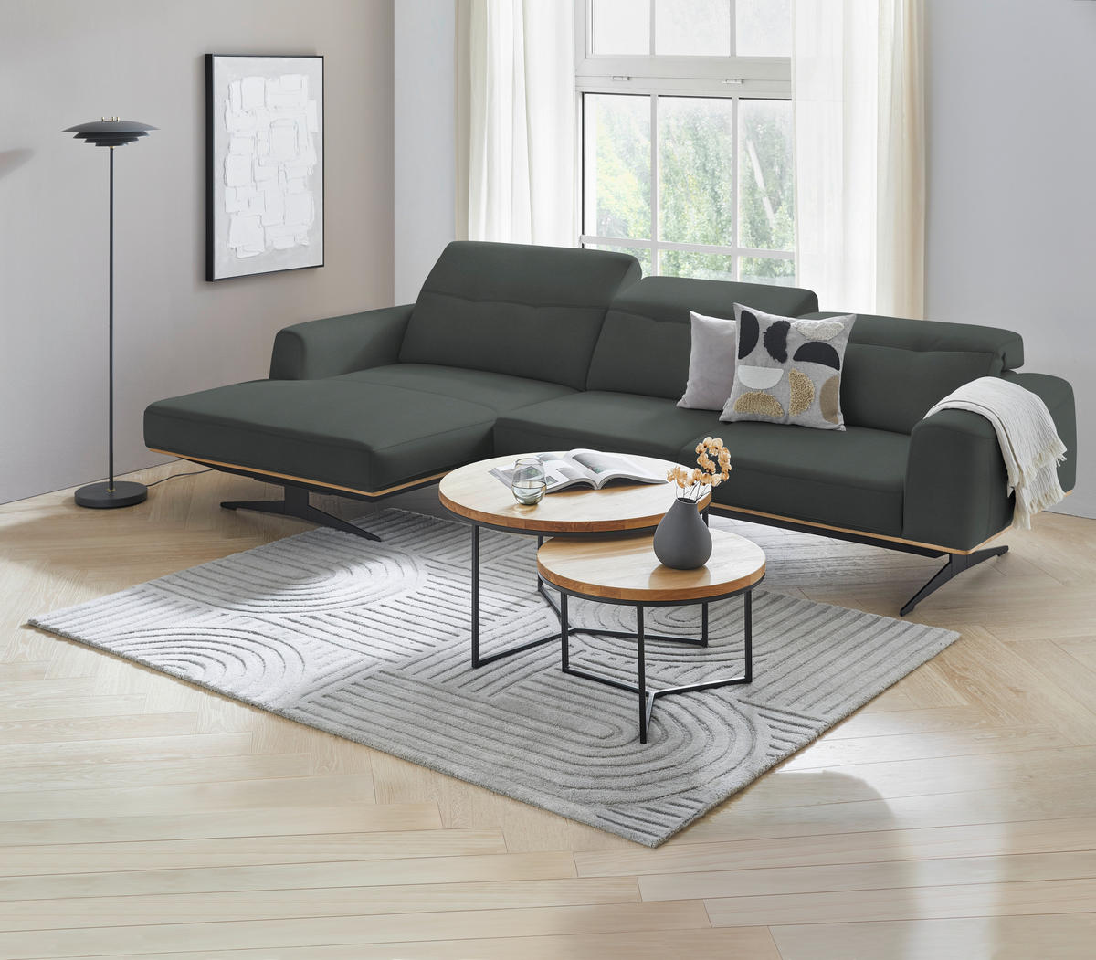 ECKSOFA in Echtleder Grau  - Eichefarben/Schwarz, Design, Leder/Holz (163/305cm) - Novel