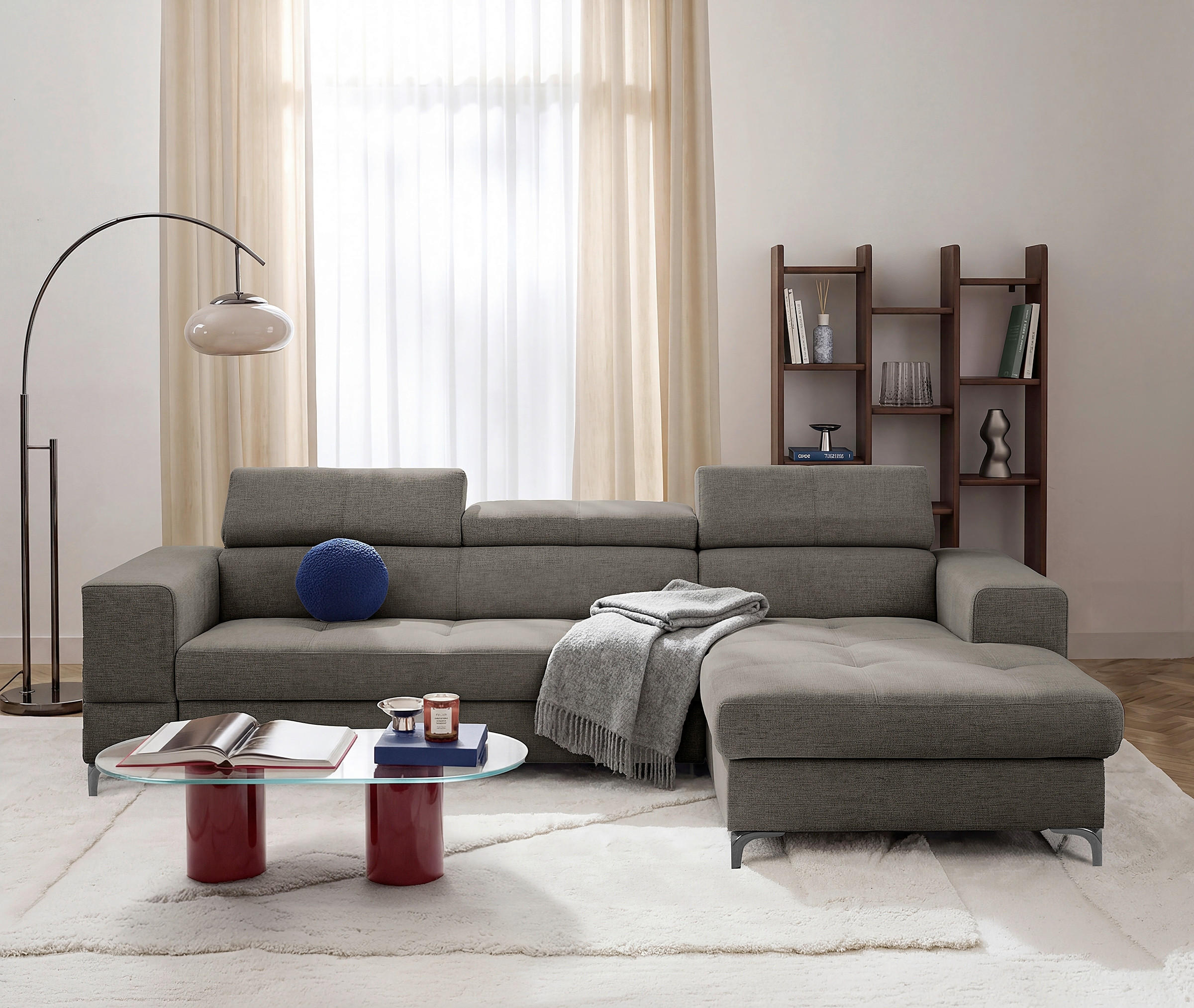 ECKSOFA TORINO Graphitfarben Chenille Bettkasten, Kopfteilverstellung  - Schwarzchrom/Graphitfarben, Design, Textil/Metall (247/173cm) - Livetastic