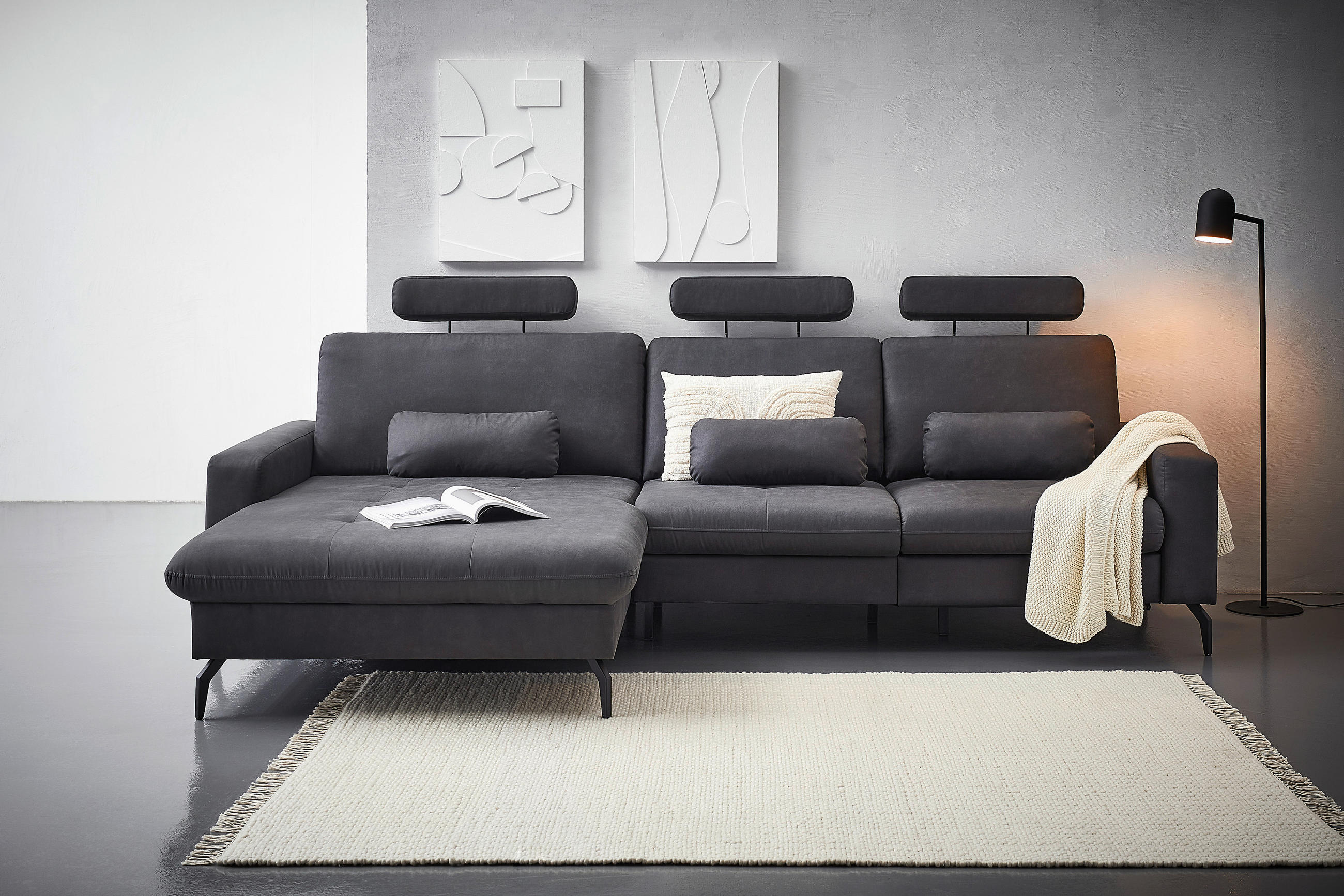 ECKSOFA Anthrazit Mikrofaser  - Anthrazit/Schwarz, KONVENTIONELL, Textil/Metall (180/302cm) - Carryhome