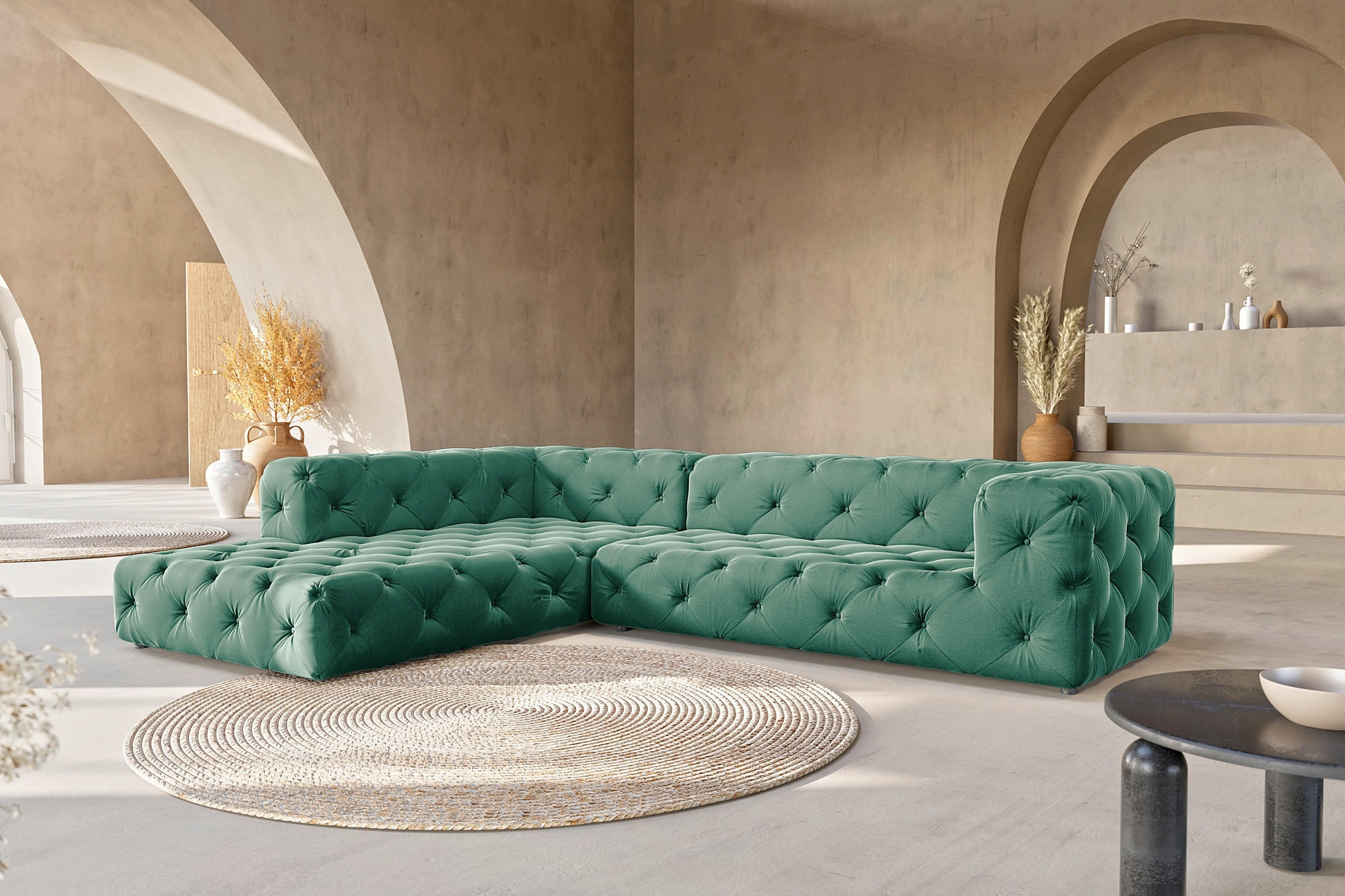 ECKSOFA Samt Dunkelgrün  - Dunkelgrün/Schwarz, Design, Kunststoff/Textil (228/325cm) - P & B