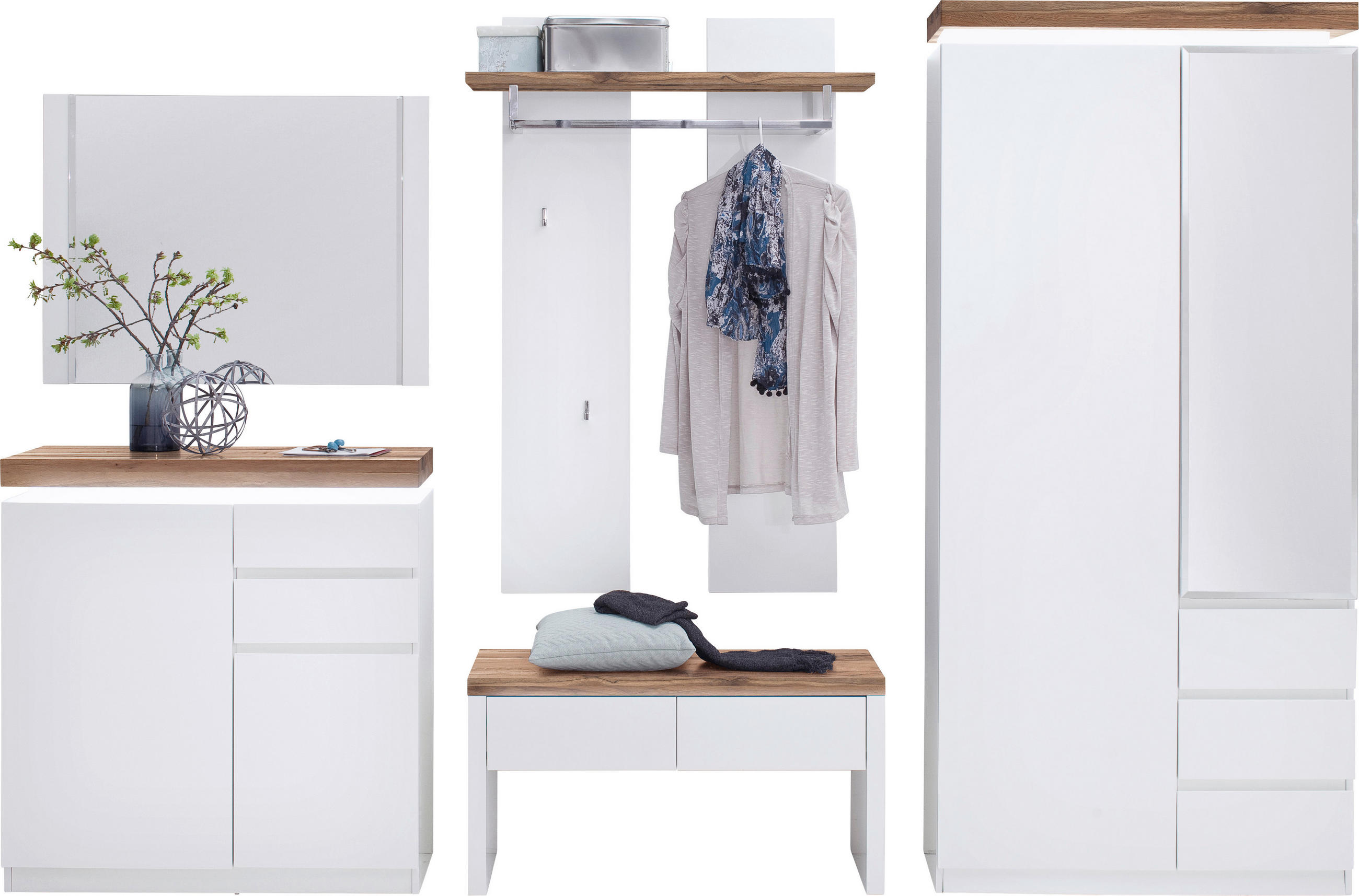 GARDEROBE 5-teilig  in 285/198/38 cm  - Eichefarben/Weiß, Design, Glas/Holz (285/198/38cm) - Novel