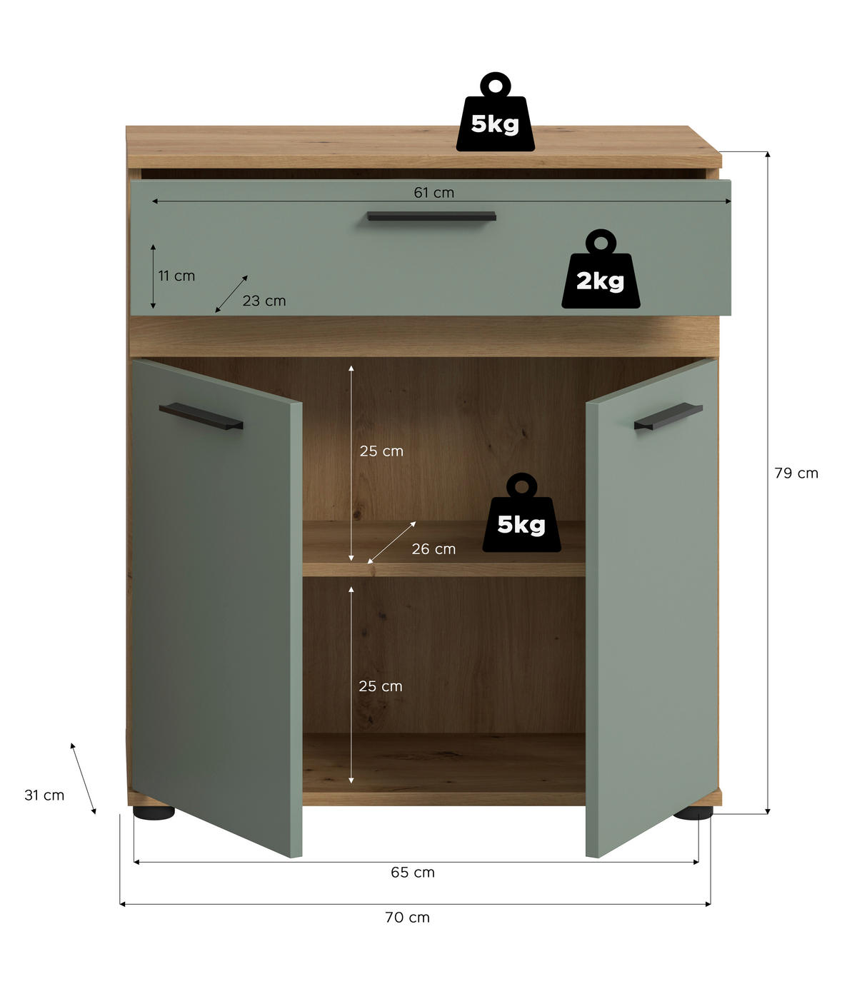 MIDISCHRANK 70/79/31 cm  - Salbeigrün/Schwarz, Trend, Holzwerkstoff/Kunststoff (70/79/31cm) - MID.YOU