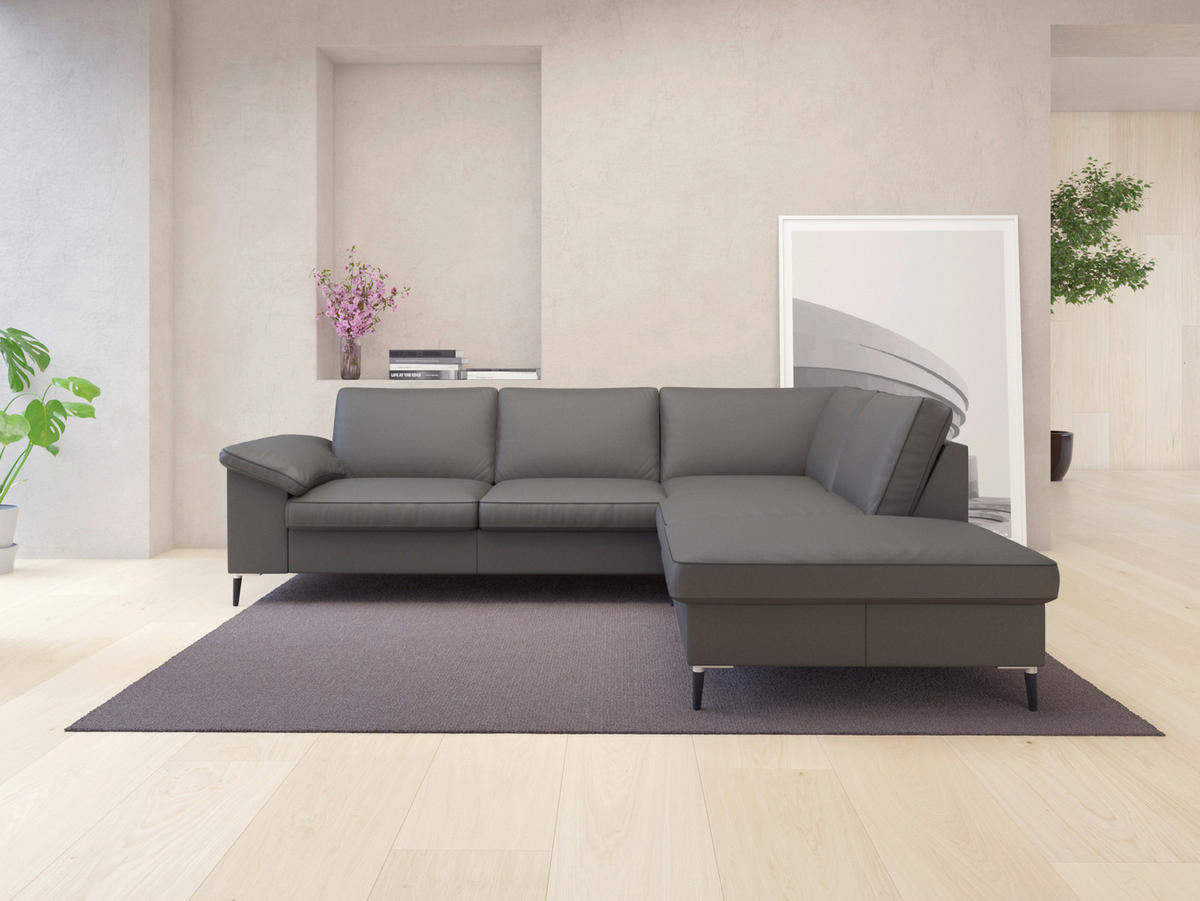 ECKSOFA Dunkelgrau Echtleder  - Dunkelgrau/Schwarz, Design, Leder/Metall (247/225cm) - Livetastic