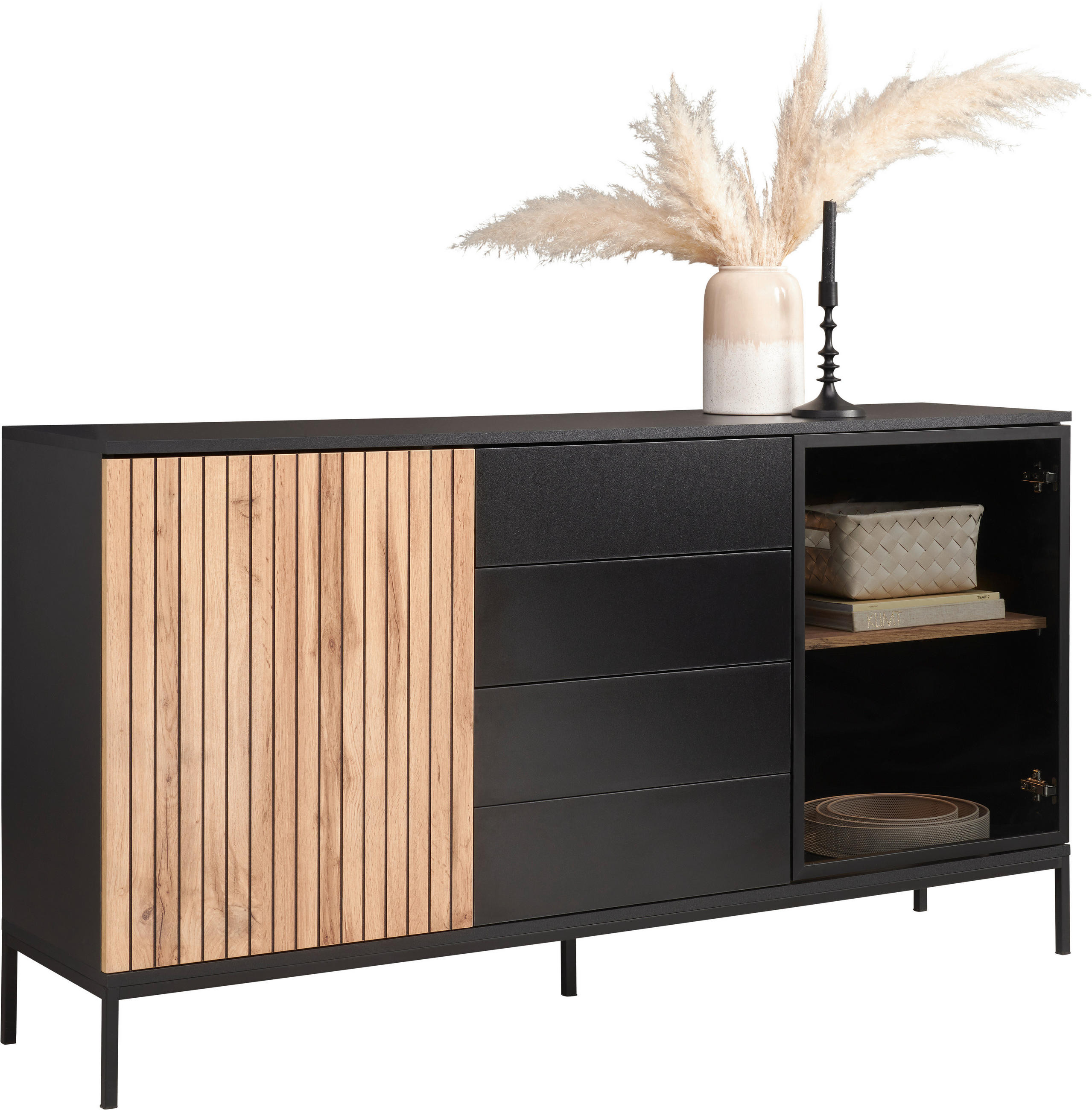SIDEBOARD  153,6/83/38 cm 4 låda(or)  - ek Wotan/svart, Klassisk, trämaterial/glas (153,6/83/38cm) - Xora