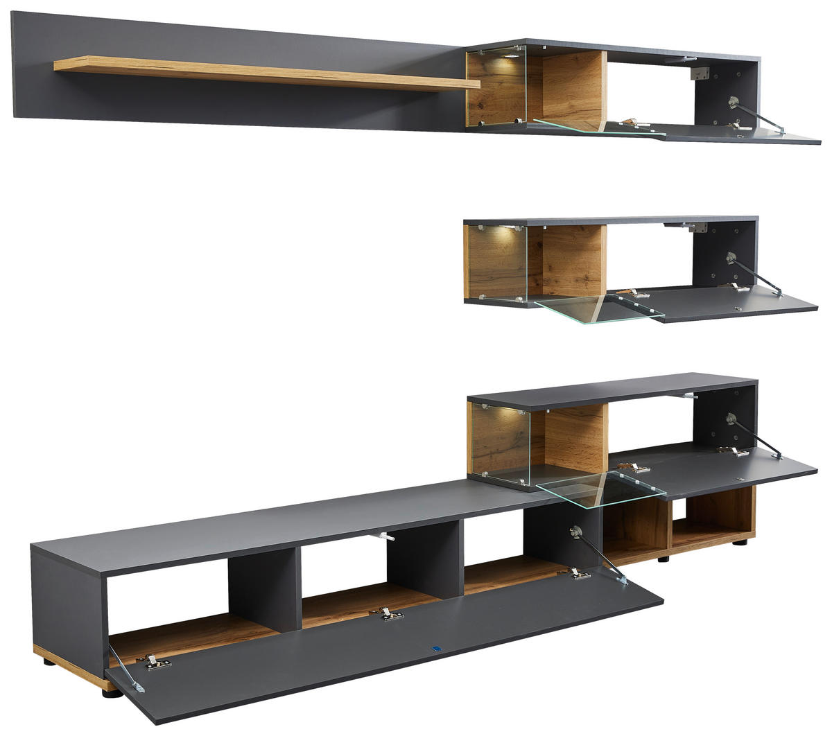 REGAL ZA DNEVNI BORAVAK antracit, boje hrasta   - boje hrasta/smeđa, Moderno, staklo/drvni materijal (240/150/40cm) - Hom`in