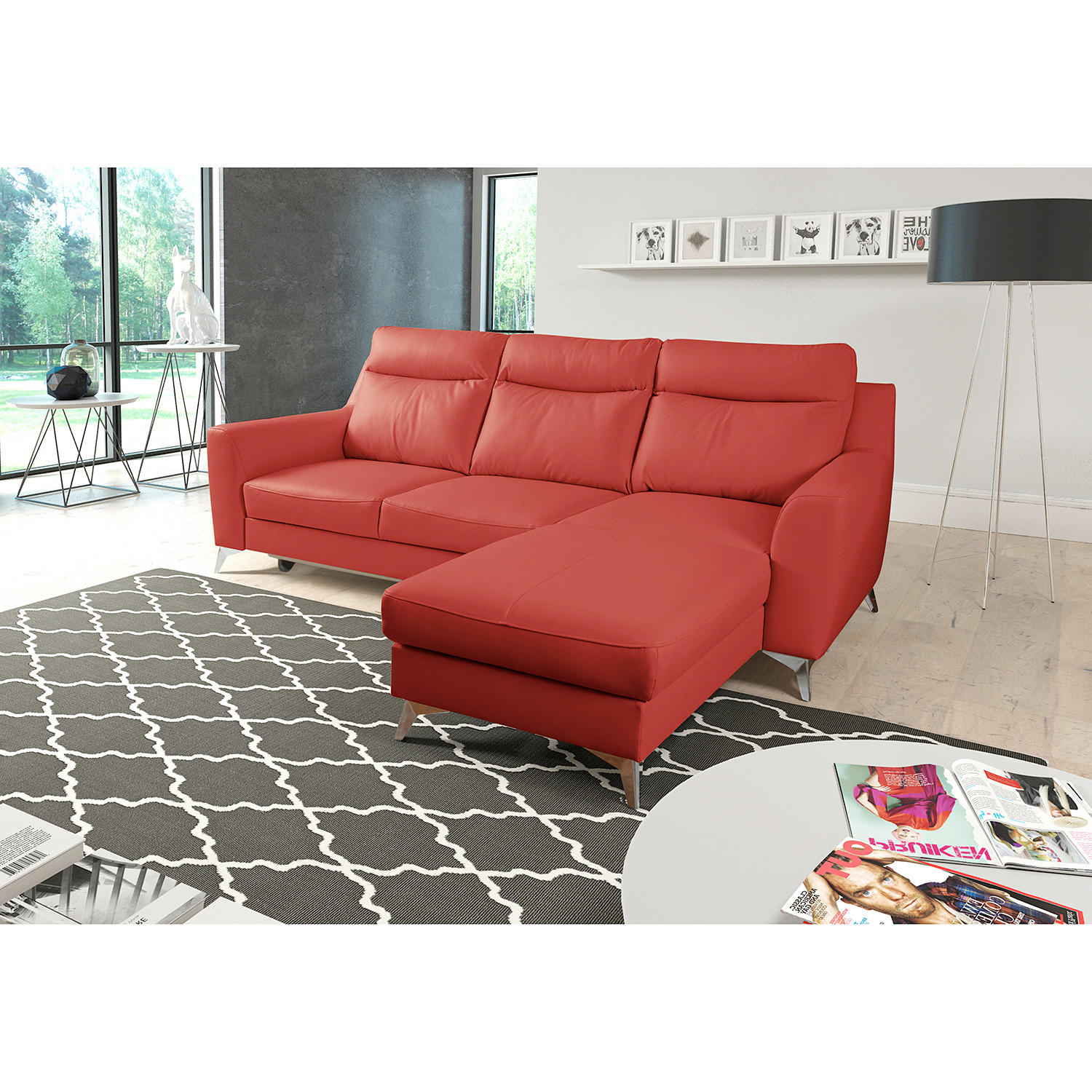 ECKSOFA Lederlook Echtleder Rot  - Chromfarben/Rot, Design, Leder/Textil (236/168cm) - Livetastic