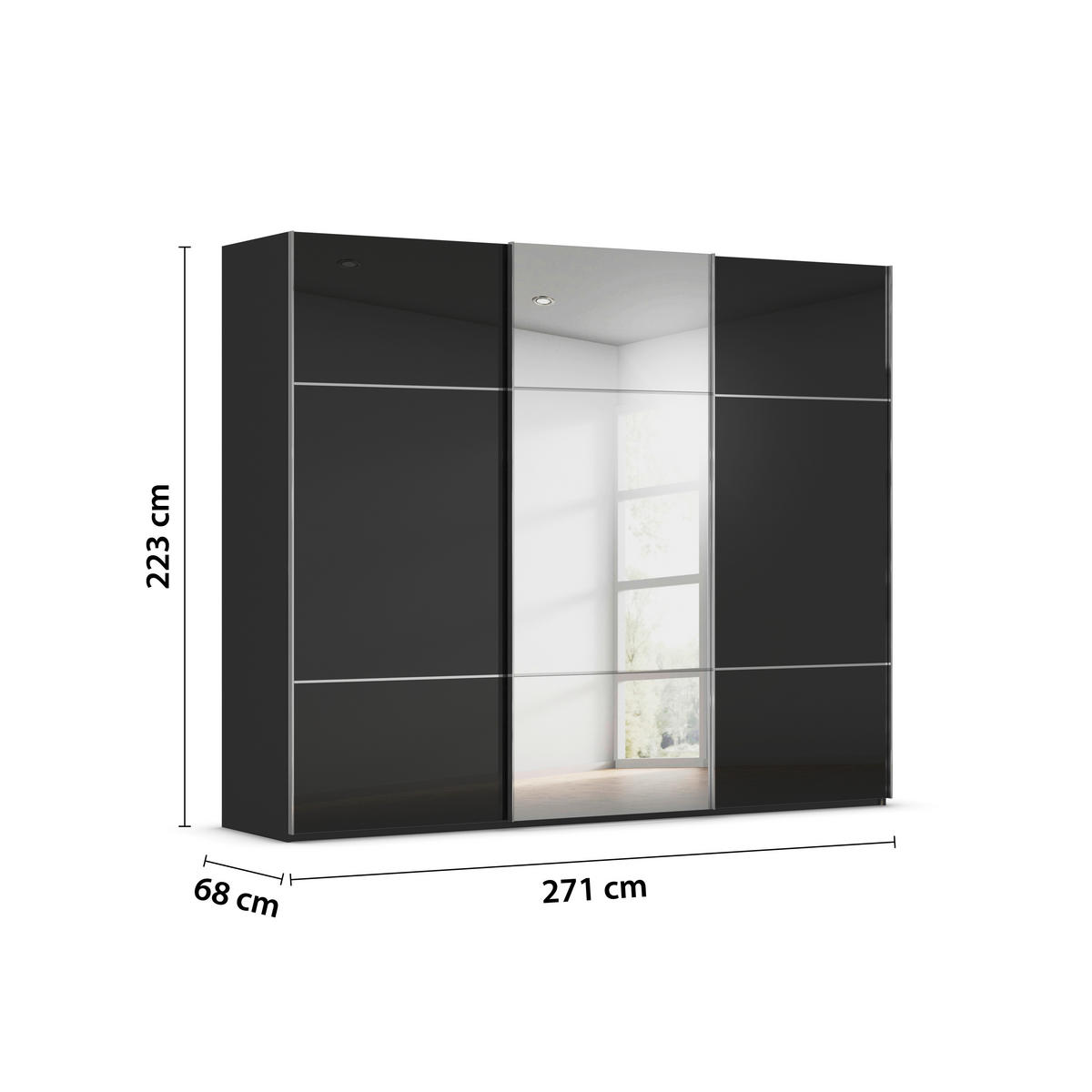 SCHWEBETÜRENSCHRANK 271/223/68 cm 3-türig Schwarz  - Chromfarben/Schwarz, KONVENTIONELL, Glas/Holzwerkstoff (271/223/68cm) - Novel
