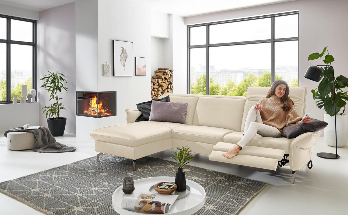 ECKSOFA Ecru Lederlook (vegan)  - Ecru/Nickelfarben, MODERN, Textil/Metall (179/233cm) - Livetastic