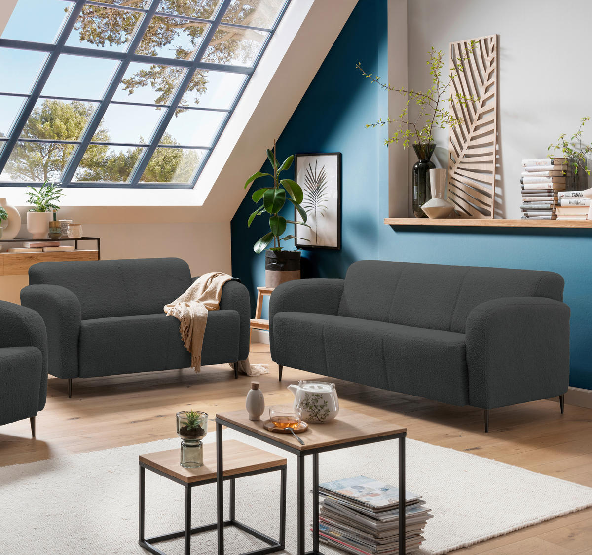 SITZGARNITUR in Teddystoff Anthrazit  - Anthrazit/Schwarz, MODERN, Textil/Metall (180/76/90cm) - Livetastic