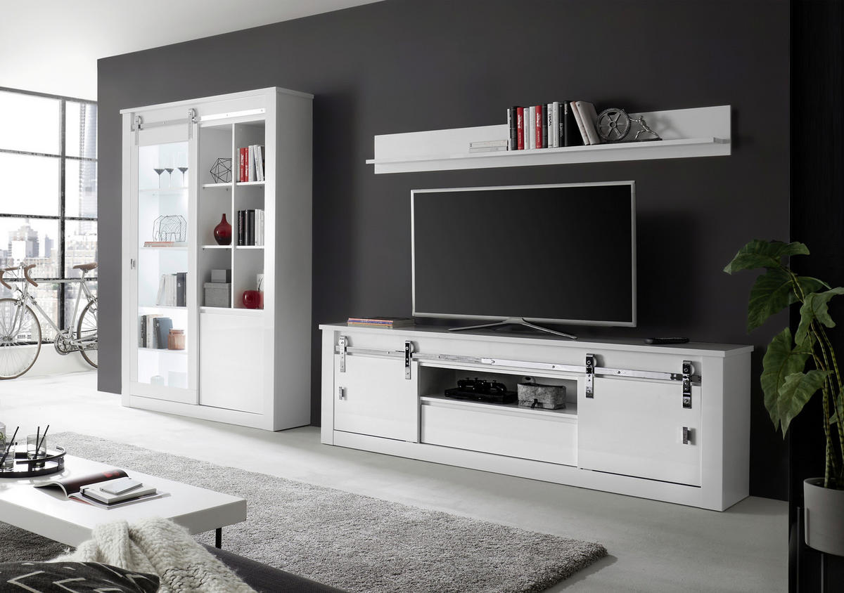 WOHNWAND 3-teilig  in Weiß, Weiß Hochglanz  349/200/43 cm  - Chromfarben/Weiß Hochglanz, Design, Holzwerkstoff/Metall (349/200/43cm) - Livetastic