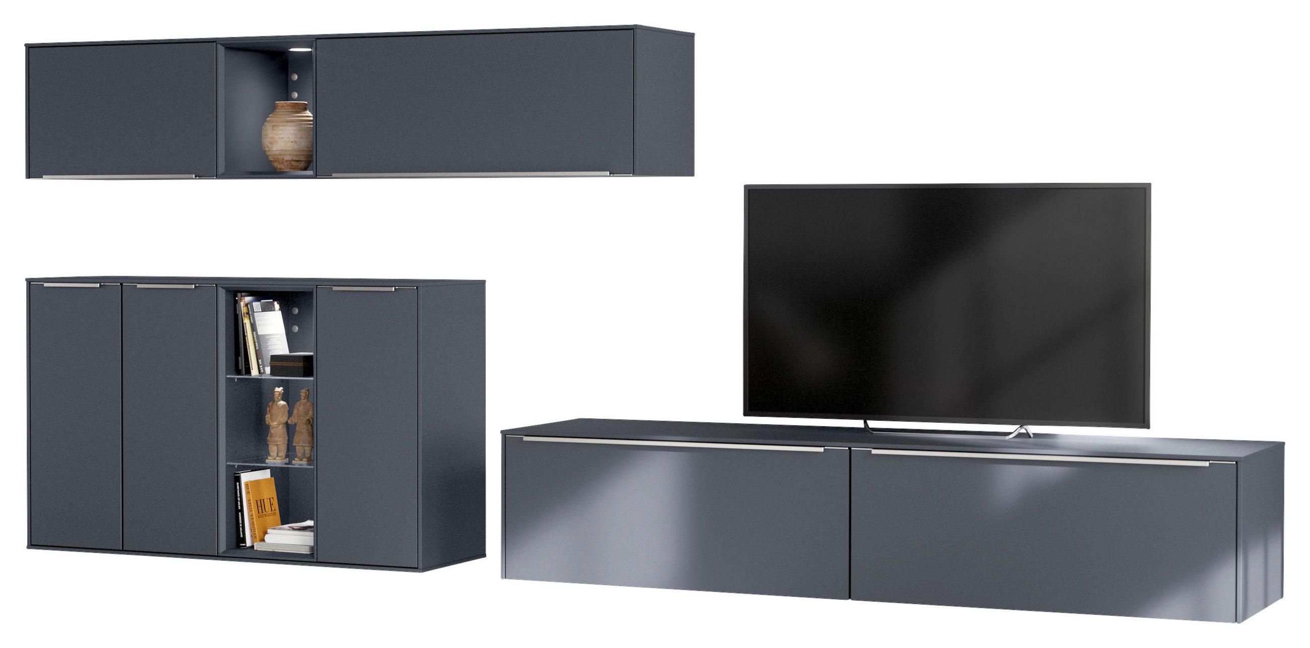 WOHNWAND  in Schieferfarben, Dunkelblau  320/160/48,5 cm  - Schieferfarben/Edelstahlfarben, Design, Holzwerkstoff/Metall (320/160/48,5cm) - Celina Home