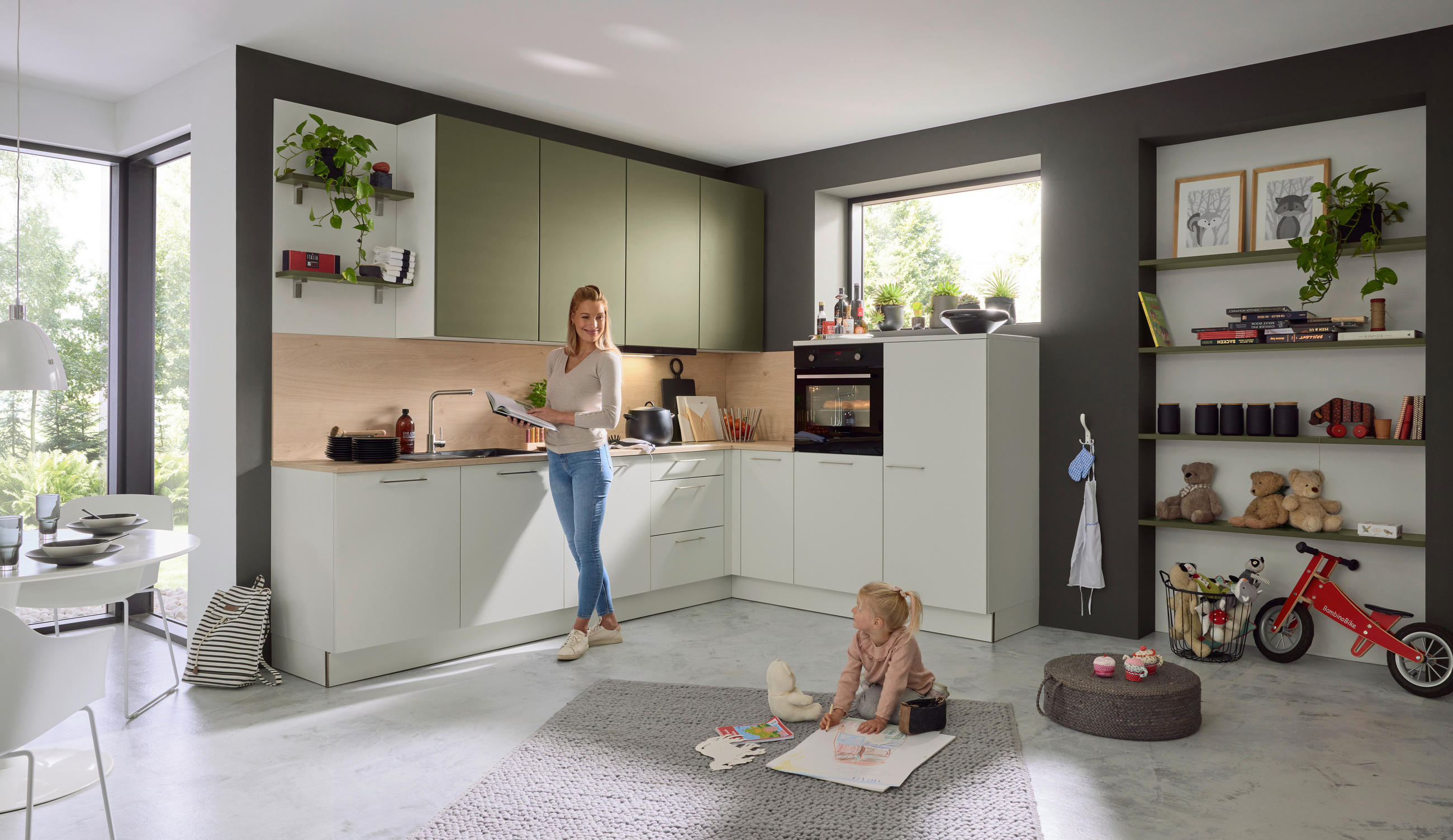 ECKKÜCHE 305/225 cm  in Eichefarben, Platinfarben, Olivgrün  - Platinfarben/Edelstahlfarben, Design, Holzwerkstoff/Metall (305/225cm) - Nolte Küchen