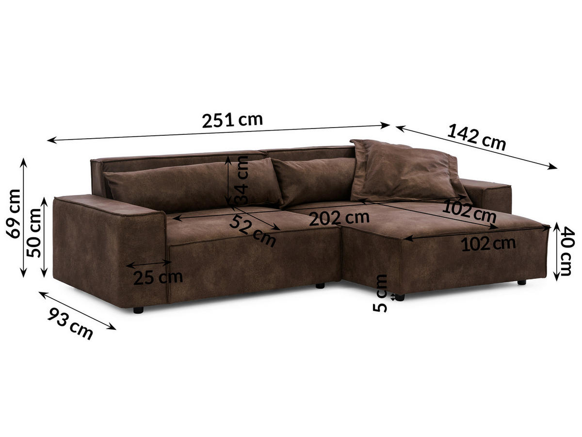 ECKSOFA Curduroy in Lederlook Braun Rückenkissen  251/142 cm  - Schwarz/Braun, Design, Kunststoff/Textil (251/142cm) - P & B