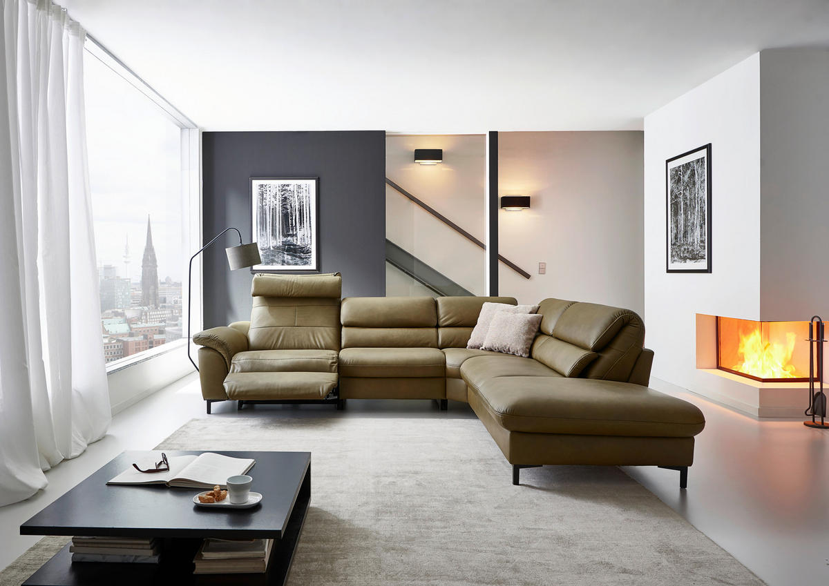 ECKSOFA Valdera in Echtleder Schlammfarben  280/246 cm  - Schlammfarben/Schwarz, Design, Leder/Metall (280/246cm) - Hukla