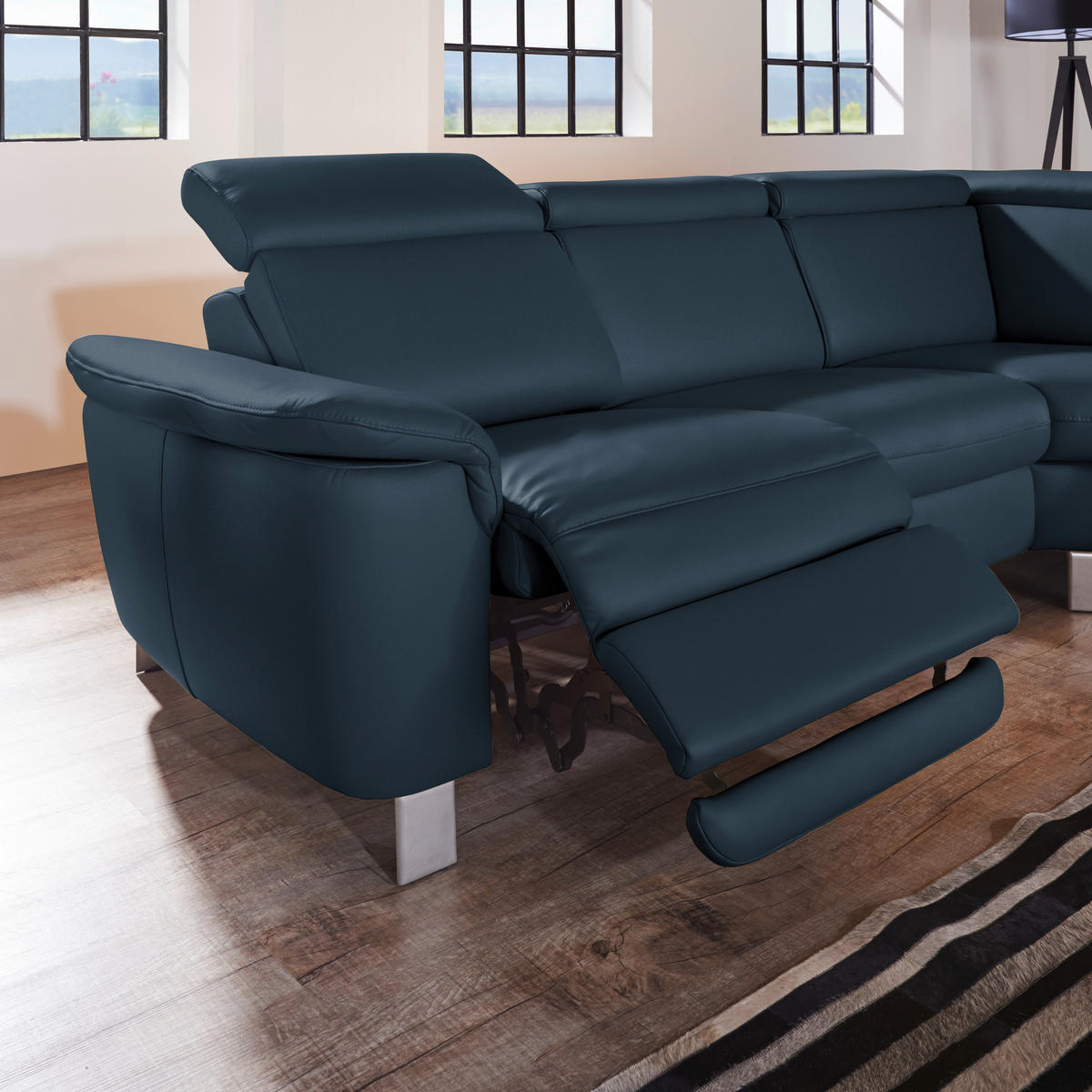 ECKSOFA in Echtleder Dunkelblau  - Alufarben/Dunkelblau, Design, Leder/Metall (271/239cm) - Cantus