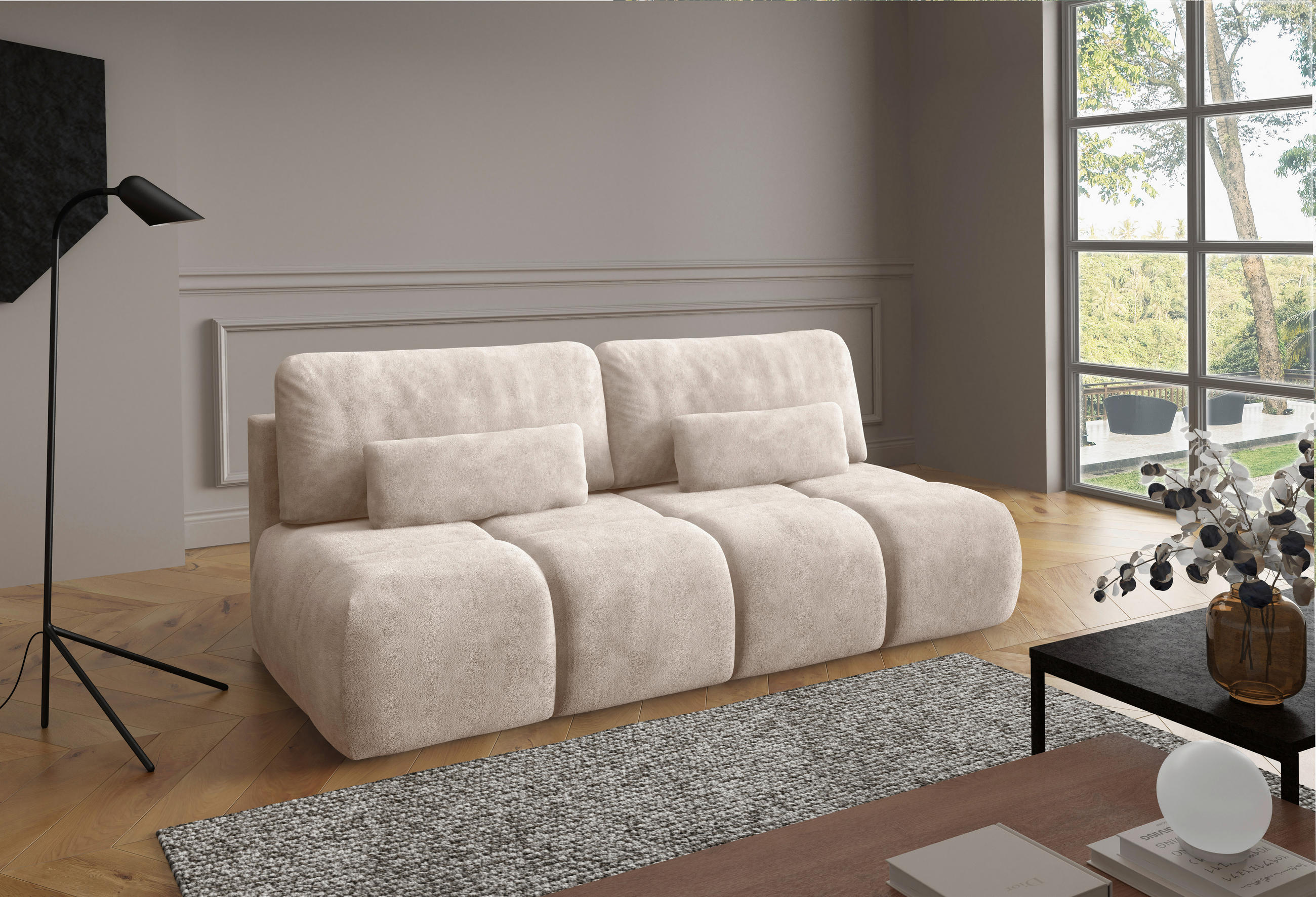 SCHLAFSOFA MARON Samt Beige  inkl.  - Beige/Schwarz, Design, Kunststoff/Textil (219/94/110cm) - Livetastic
