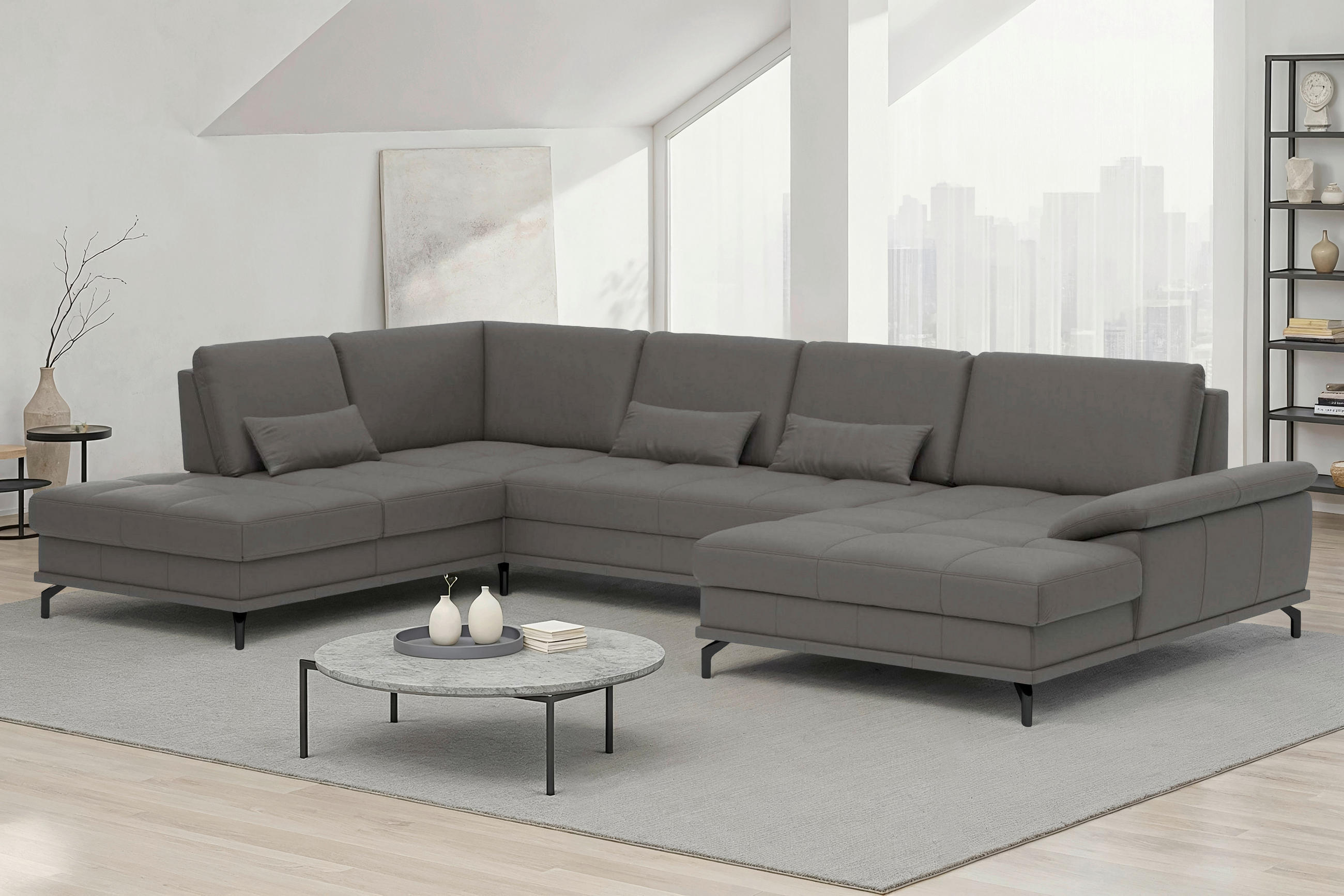 WOHNLANDSCHAFT  Echtleder Mokka  - Schwarz/Mokka, Basics, Leder/Textil (223/363/176cm) - Sit & More