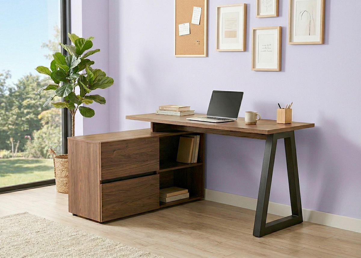 ECKSCHREIBTISCH 140/110/76 cm Schwarz, Walnussfarben Stauraum, seitenverkehrt montierbar  - Walnussfarben/Schwarz, Design, Holzwerkstoff (140/110/76cm) - MID.YOU