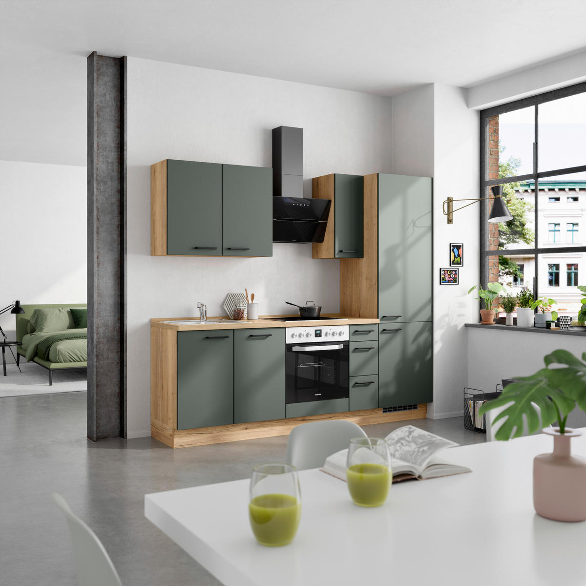 KÜCHENBLOCK Easytouch 240 cm  in Eichefarben, Dunkelgrün  - Dunkelgrün/Eichefarben, MODERN, Holzwerkstoff/Metall (240cm) - Nobilia