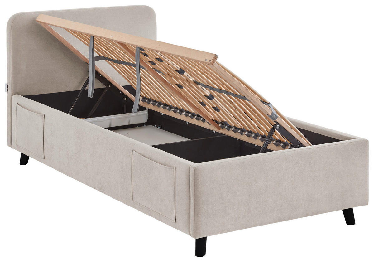 POLSTERBETT 90/200 cm,  in Schwarz, Beige, Lattenrost, Bettkasten, Betttasche,  - Birkefarben/Beige, KONVENTIONELL, Holz/Textil (90/200cm) - Boxxx