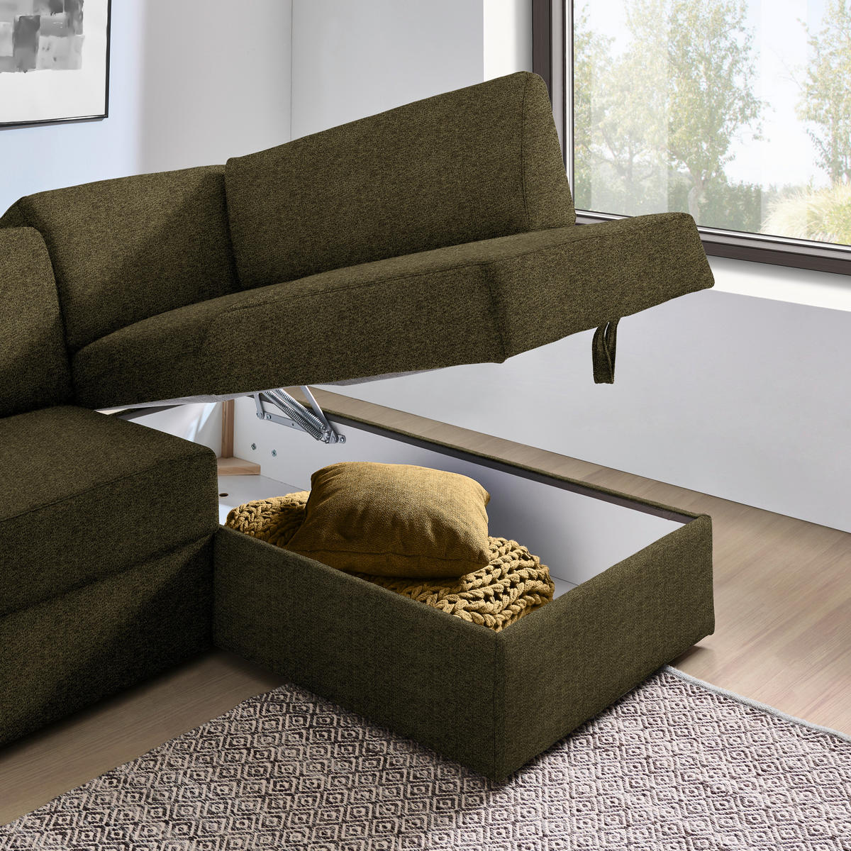 ECKSOFA in Webstoff Olivgrün  224/165 cm  - Schwarz/Olivgrün, KONVENTIONELL, Kunststoff/Textil (224/165cm) - Xora