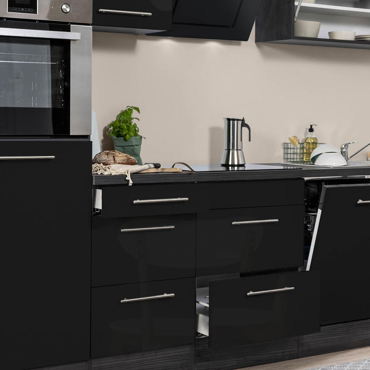 KÜCHENBLOCK 280 cm   in Schwarz, Eichefarben  - Edelstahlfarben/Eichefarben, Basics, Holzwerkstoff/Metall (280cm) - Respekta