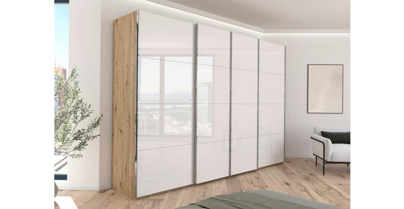 SCHWEBETÜRENSCHRANK 316/235/68 cm 4-türig Weiß, Eiche Artisan  - Chromfarben/Weiß, Design, Glas/Holzwerkstoff (316/235/68cm) - Novel