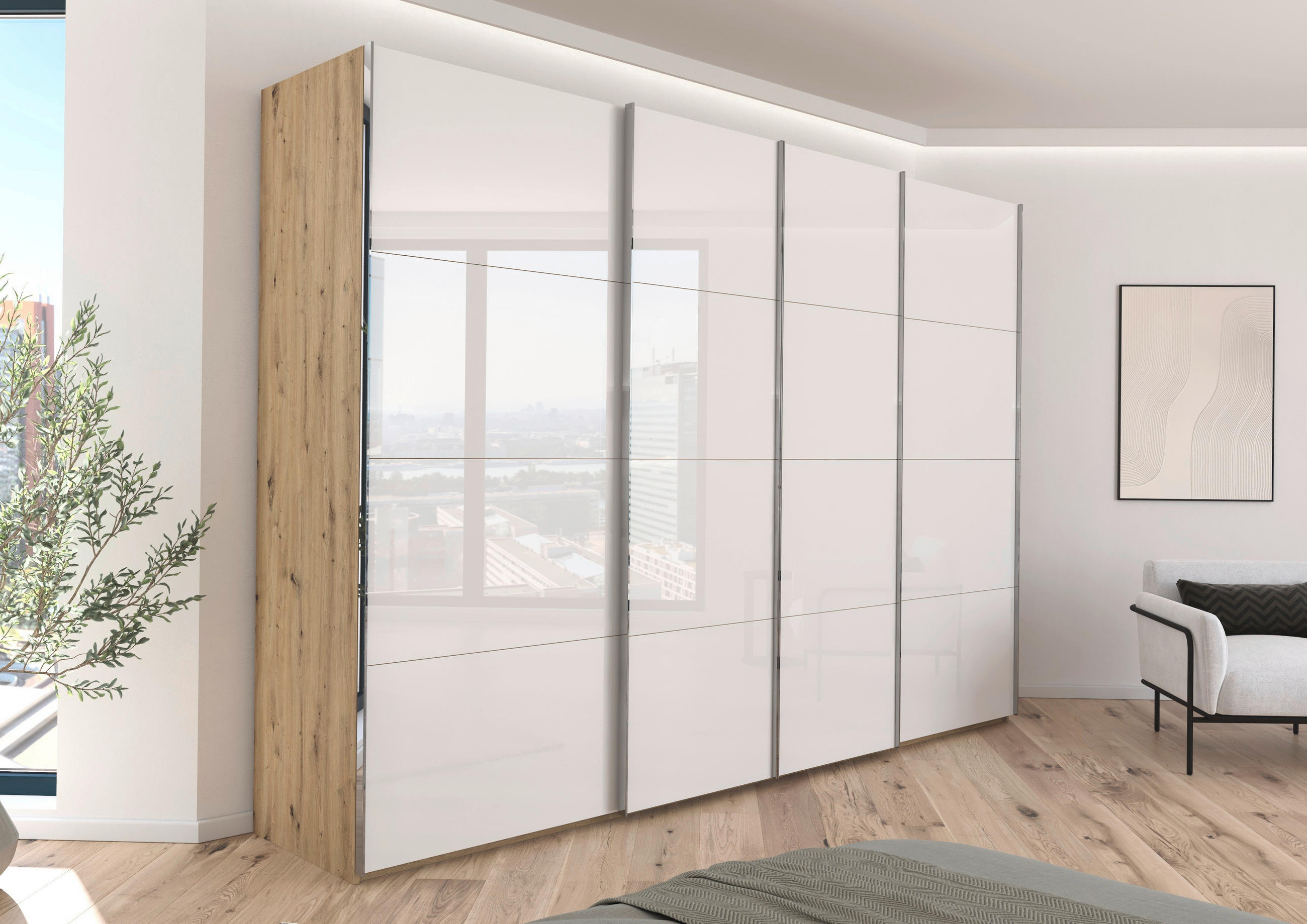 SCHWEBETÜRENSCHRANK 316/235/68 cm 4-türig Weiß, Eiche Artisan  - Chromfarben/Weiß, Design, Glas/Holzwerkstoff (316/235/68cm) - Novel