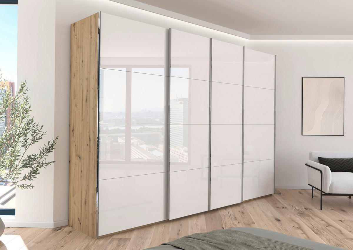 SCHWEBETÜRENSCHRANK 316/235/68 cm 4-türig Weiß, Eiche Artisan  - Chromfarben/Weiß, Design, Glas/Holzwerkstoff (316/235/68cm) - Novel