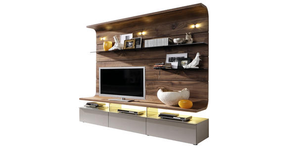 WOHNWAND 195/186,8/41,2-55,7 cm in Nussbaumfarben, Fango - Fango/Nussbaumfarben, Design, Glas/Holz (195/186,8/41,2-55,7cm) - Moderano